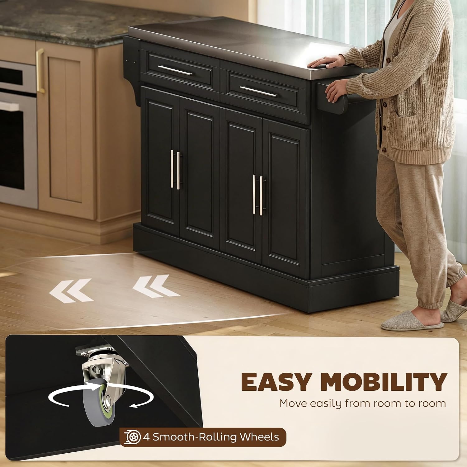 HOMCOM Rolling Kitchen Island Cart with 47" Stainless Steel Top Black | Portable Island Table for Kitchen, Wheels, Adjustable Shelves, 2 Drawers, Spice, Knife and Towel Rack