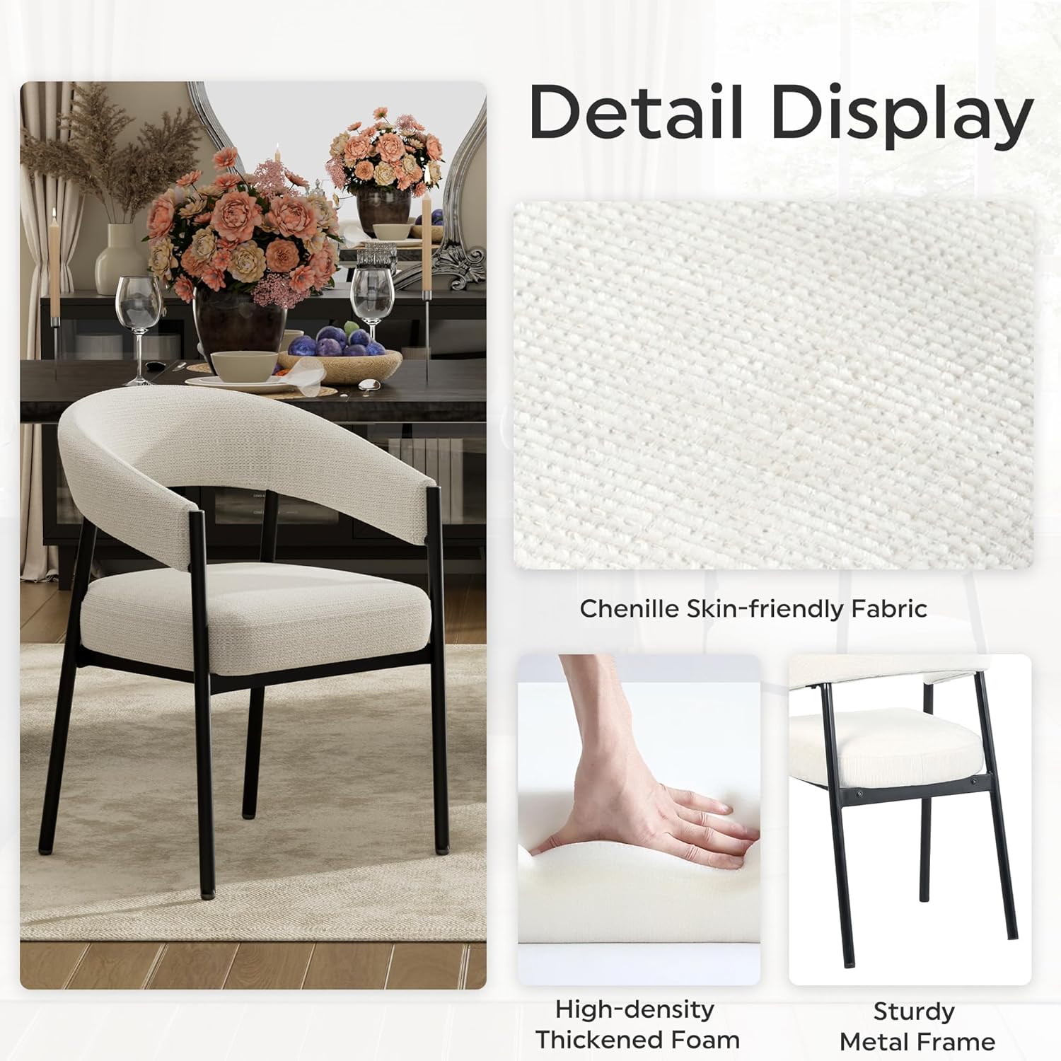 yeag Modern Dining Chairs Set of 2, Upholstered Barrel Dining Room Chairs with Curved Back, Farmhouse Accent Arm Kitchen Side Chairs with Metal Legs for Kitchen, Home, Apartment (Off White)