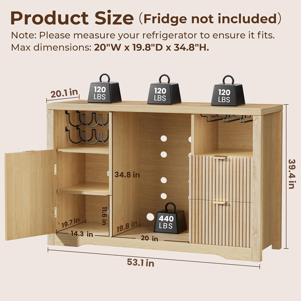 Coffee Bar Cabinet with Fridge Space, 53"L Wine Cabinets with Storage Drawer, Wood Buffet Sideboard Table, Fluted Liquor Cabinet with Wine Rack for Home Living Room,20"D x 53.1"W x 39.4"H-Natural Oak