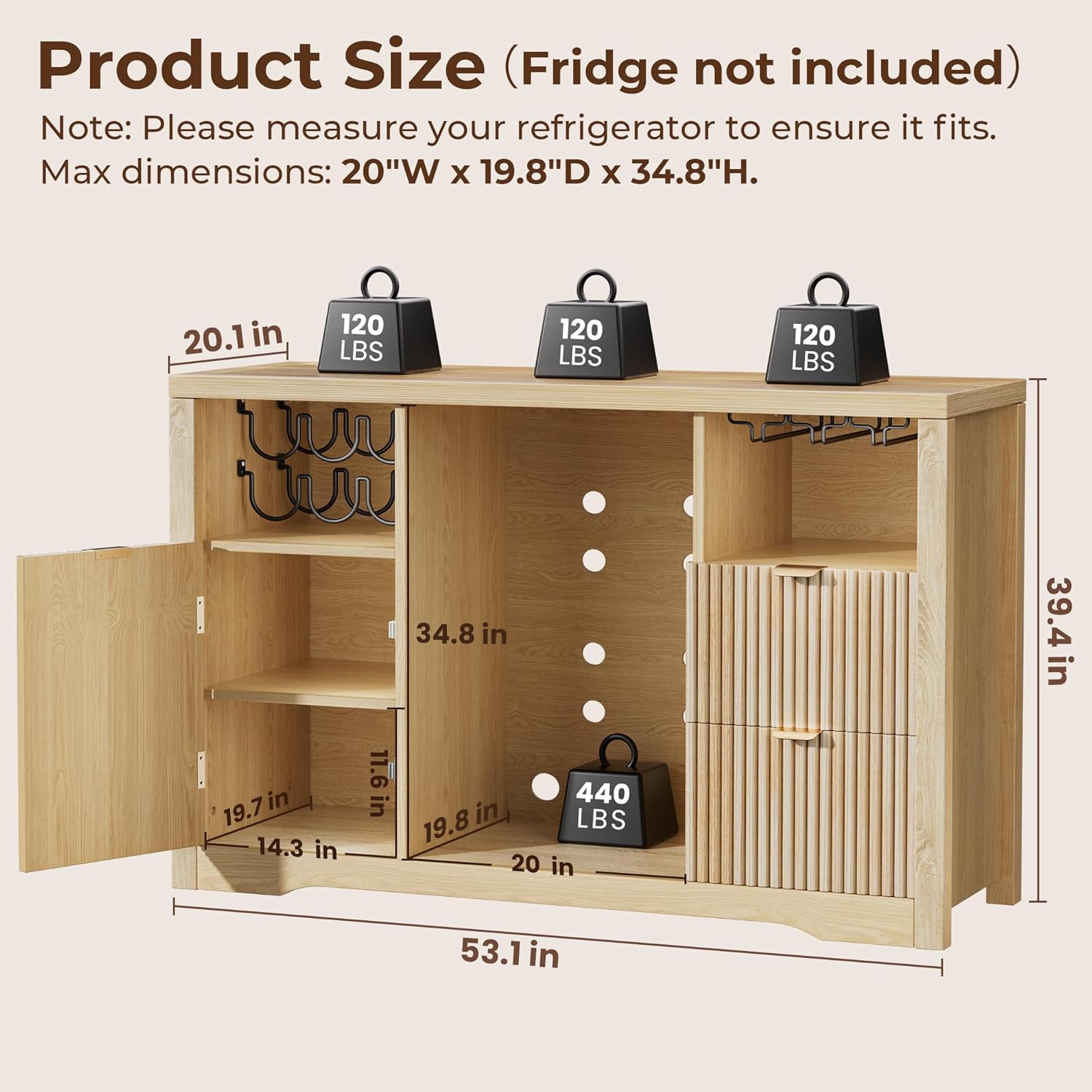 Coffee Bar Cabinet with Fridge Space, 53"L Wine Cabinets with Storage Drawer, Wood Buffet Sideboard Table, Fluted Liquor Cabinet with Wine Rack for Home Living Room,20"D x 53.1"W x 39.4"H-Natural Oak