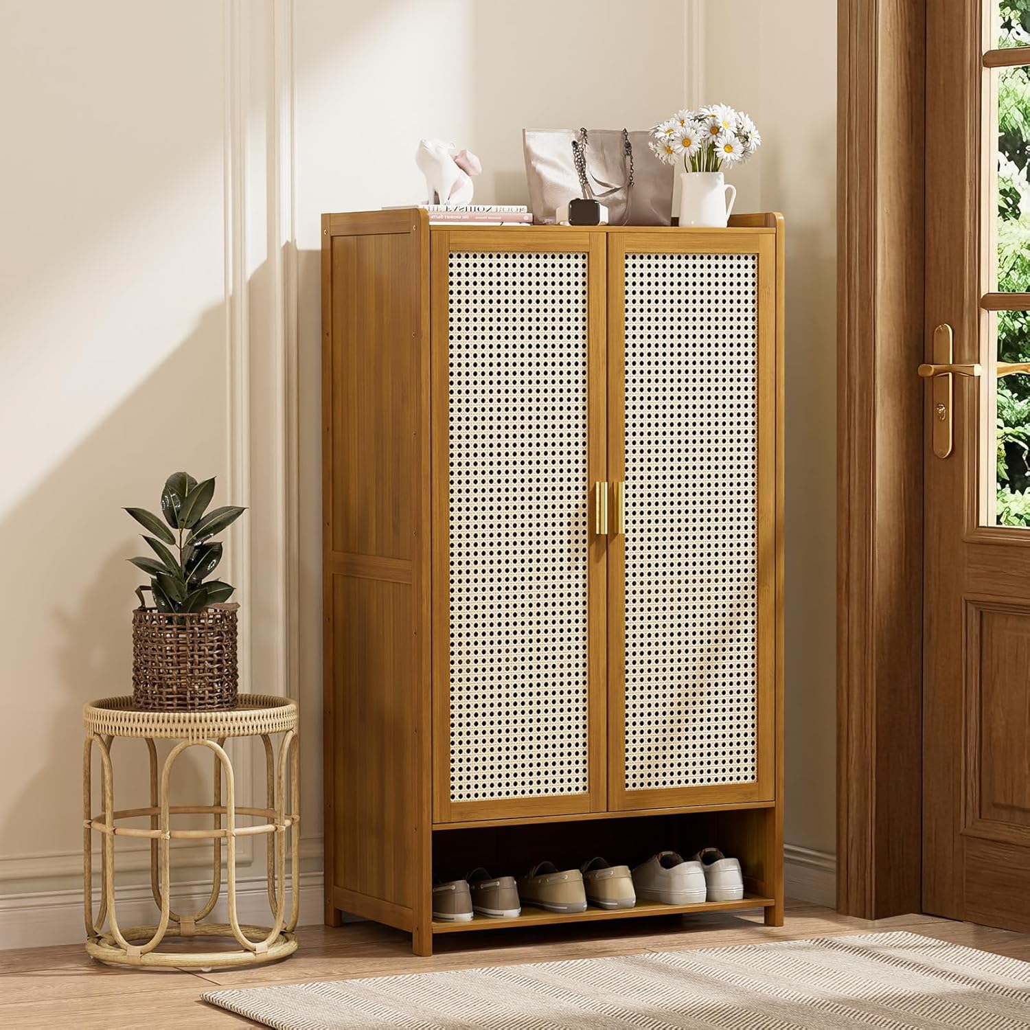 Shoe Cabinet with Doors, 7-Tier Bamboo Shoe Storage Cabinet for Entryway, Freestanding Shoe Rack Cabinet for Hallway Apartment, 43" Tall Modern Farmhouse Style, Holds 24 Pairs，Brown