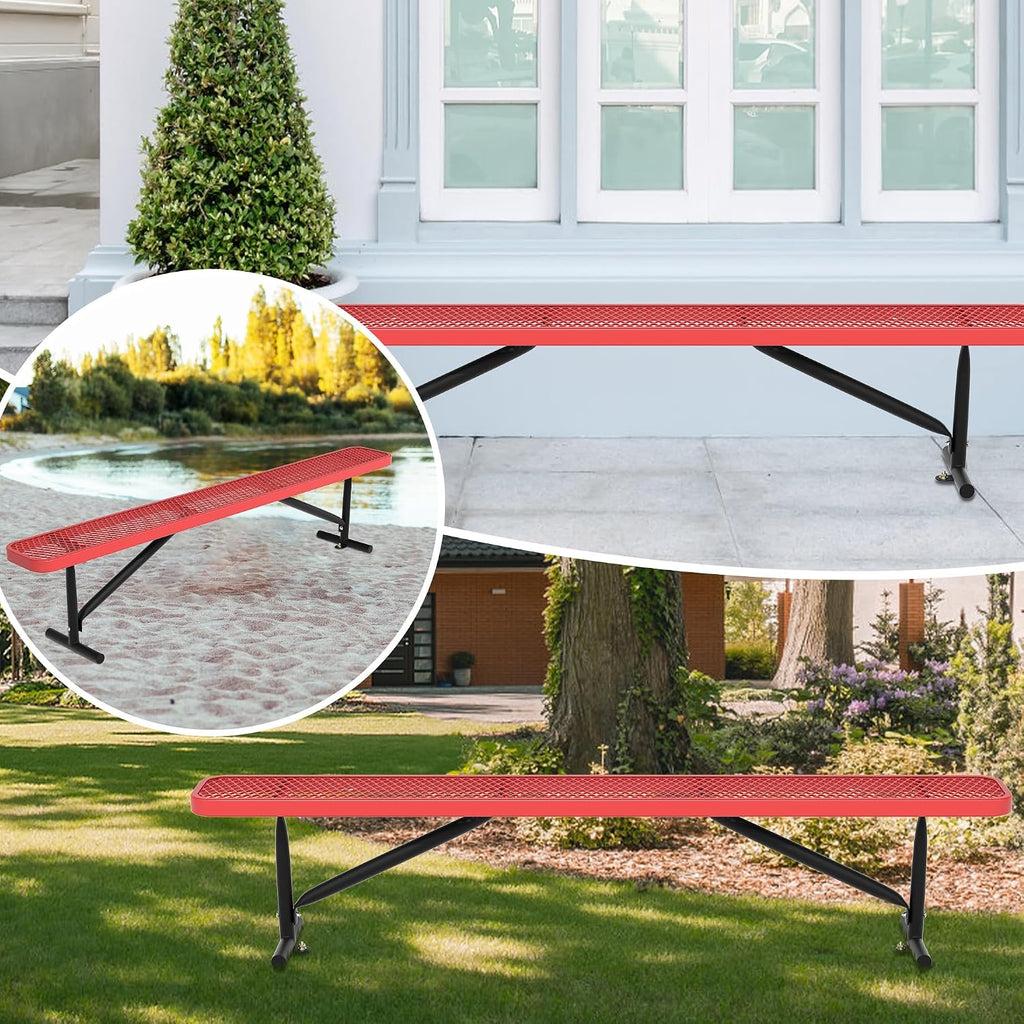 8 Feet Outdoor Steel Bench, Red Heavy Duty Metal Park Bench for Outside, Weatherproof Dock Bench, 96" L Commercial Benches Mesh Bench for Shopping Mall, Store, Lawn, Park, Patio, Deck, Garden