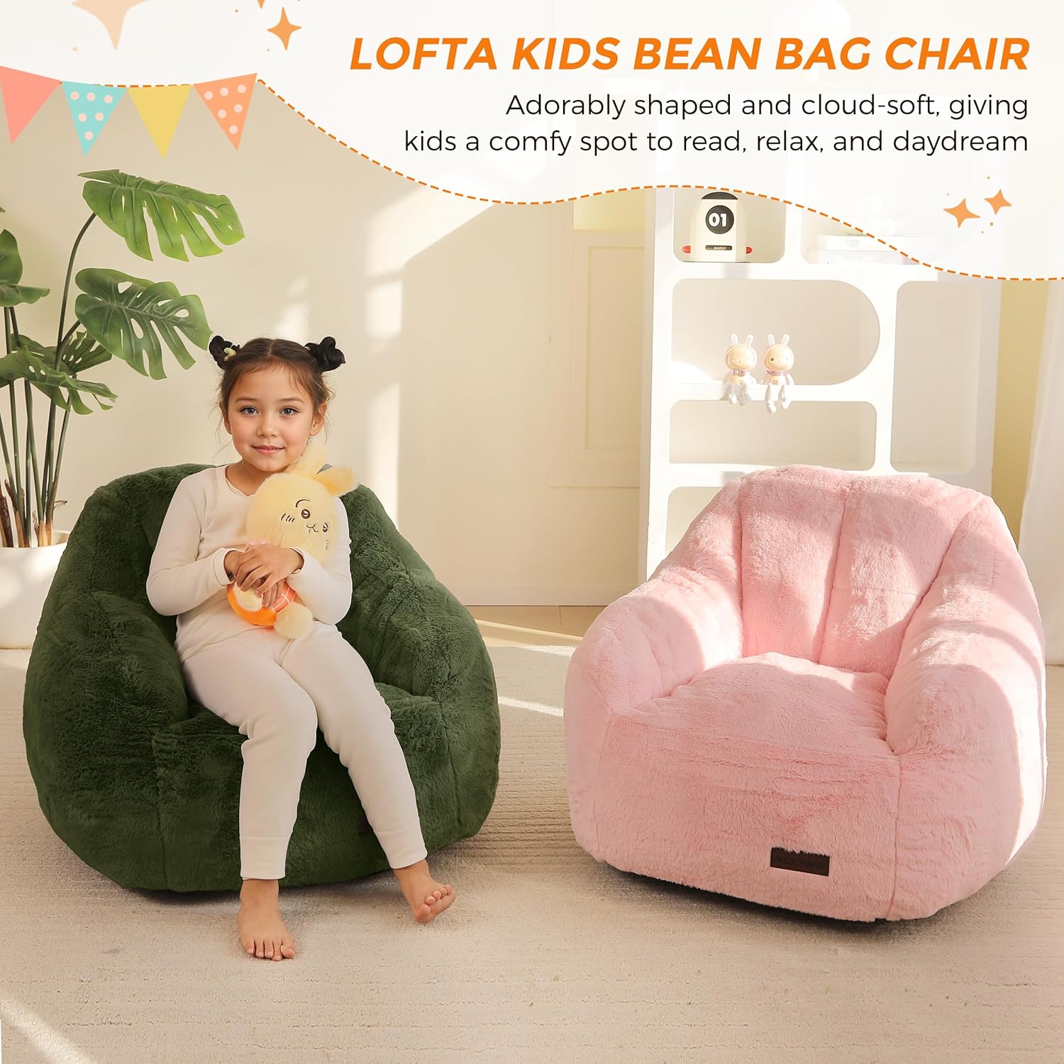 MAXYOYO Kids Bean Bag Chair, Comfy Bean Bag Sofa with Back Support, Faux Fur Cute Chair for Boys and Girls, Stuffed Floor Sofa for Nursery, Bedroom, Green