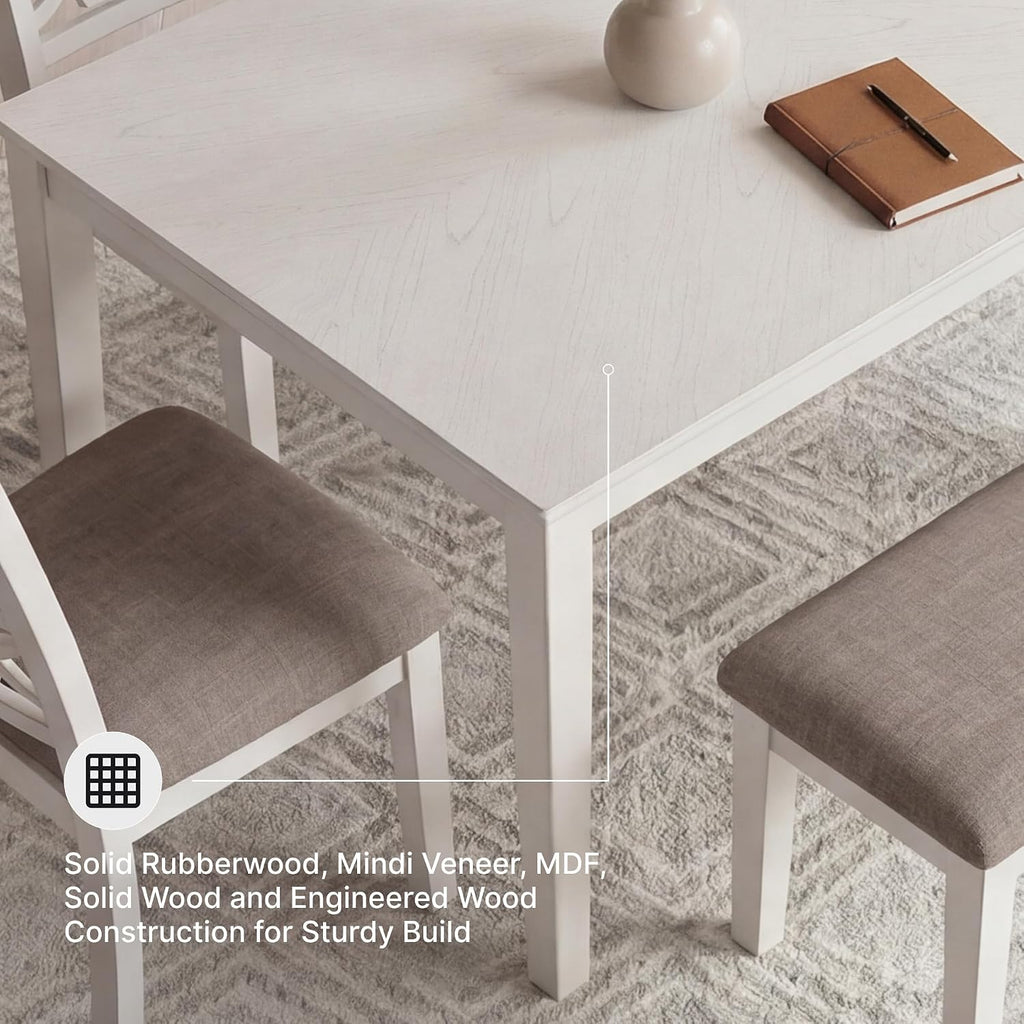 Signature Design by Ashley Erinberg Casual Dining Table with 4 Armless Upholstered Chairs and Bench, Set of 6, White & Light Gray