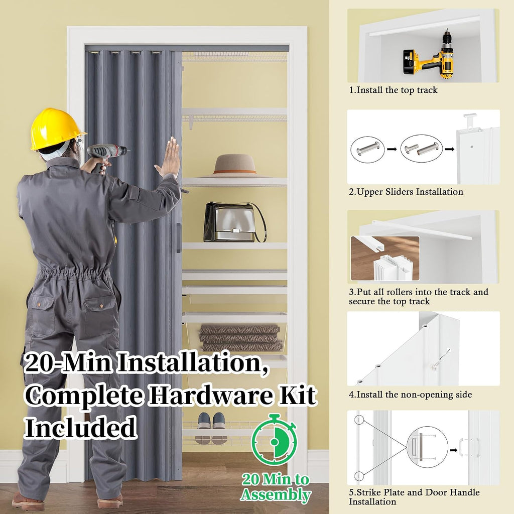 60" x 80" PVC Accordion Door Interior, Suitable for Opening Width 49"-60", Trimmable Height & Width, Room Dividers for Pantry Laundry Closet RV, Strong Magnet Folding Doors, Easy to Install, Grey
