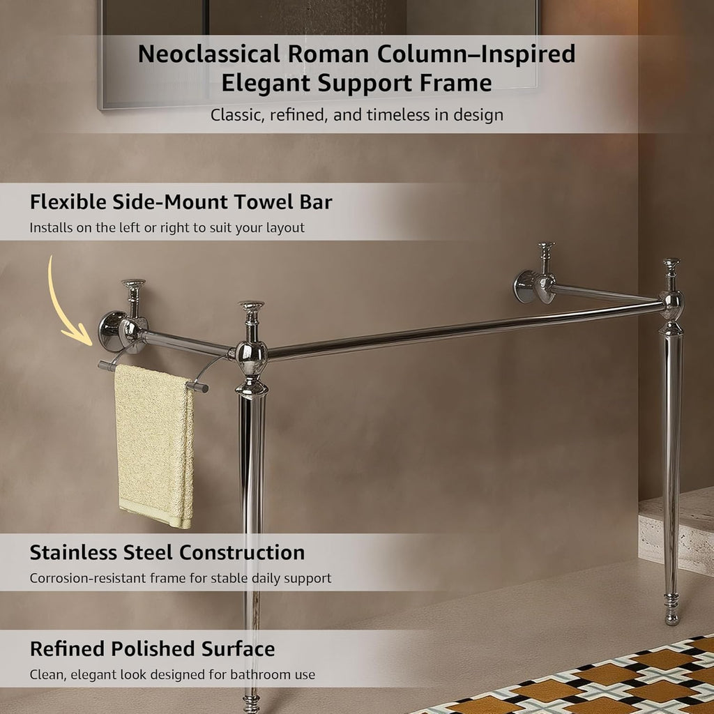 28 Inch Console Bathroom Vanity with Ceramic Sink, Open-Frame Stainless Steel Legs with Towel Bar, 3 Faucet Holes, Wall-Mounted Support, No Faucet (Silver Frame | White Sink)