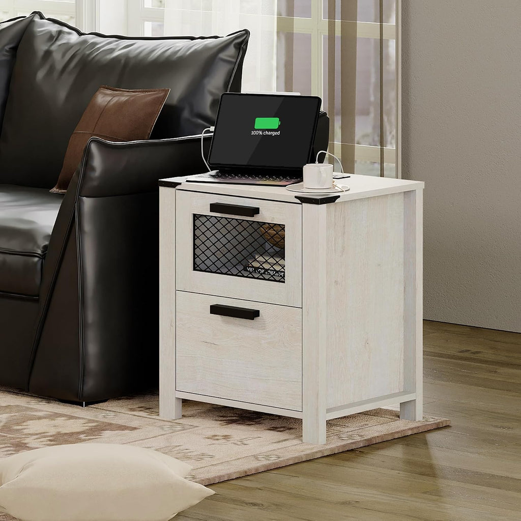 WAMPAT Farmhouse Nightstand with Drawer Stroage, Sofa Side Bedside Table in Bedroom and Living Room, Vintage White