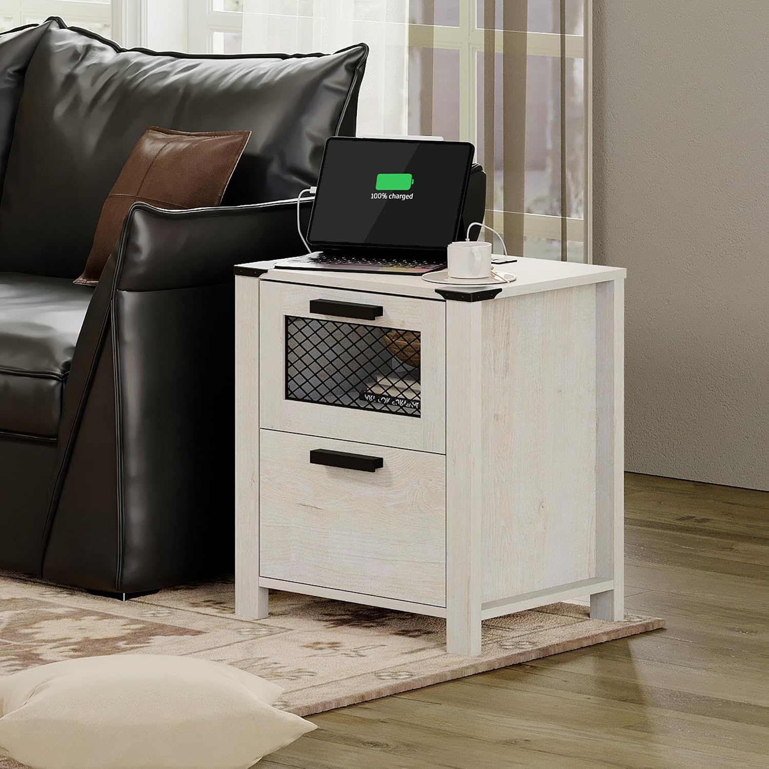 WAMPAT Farmhouse Nightstand with Drawer Stroage, Sofa Side Bedside Table in Bedroom and Living Room, Vintage White