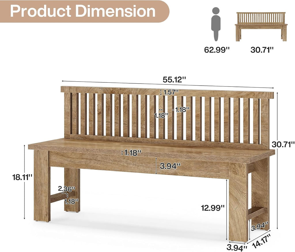 Tribesigns 55-Inch Entryway Bench, Farmhouse Seating Bench with Vertical Stripes Backrest, for Hallway, Kitchen, Living Room, Easy to Assemble, Brown