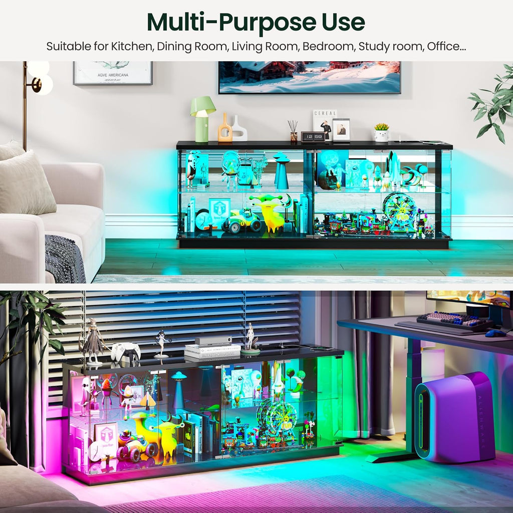 Lvifur 59" W Large Display Case - with Glass Door,Glass Display Cabinet with RGB Lights for Collectibles,Lighted Cuiro Cabinet with Motion Sensor Light,Charging Station,China Cabinets,Black