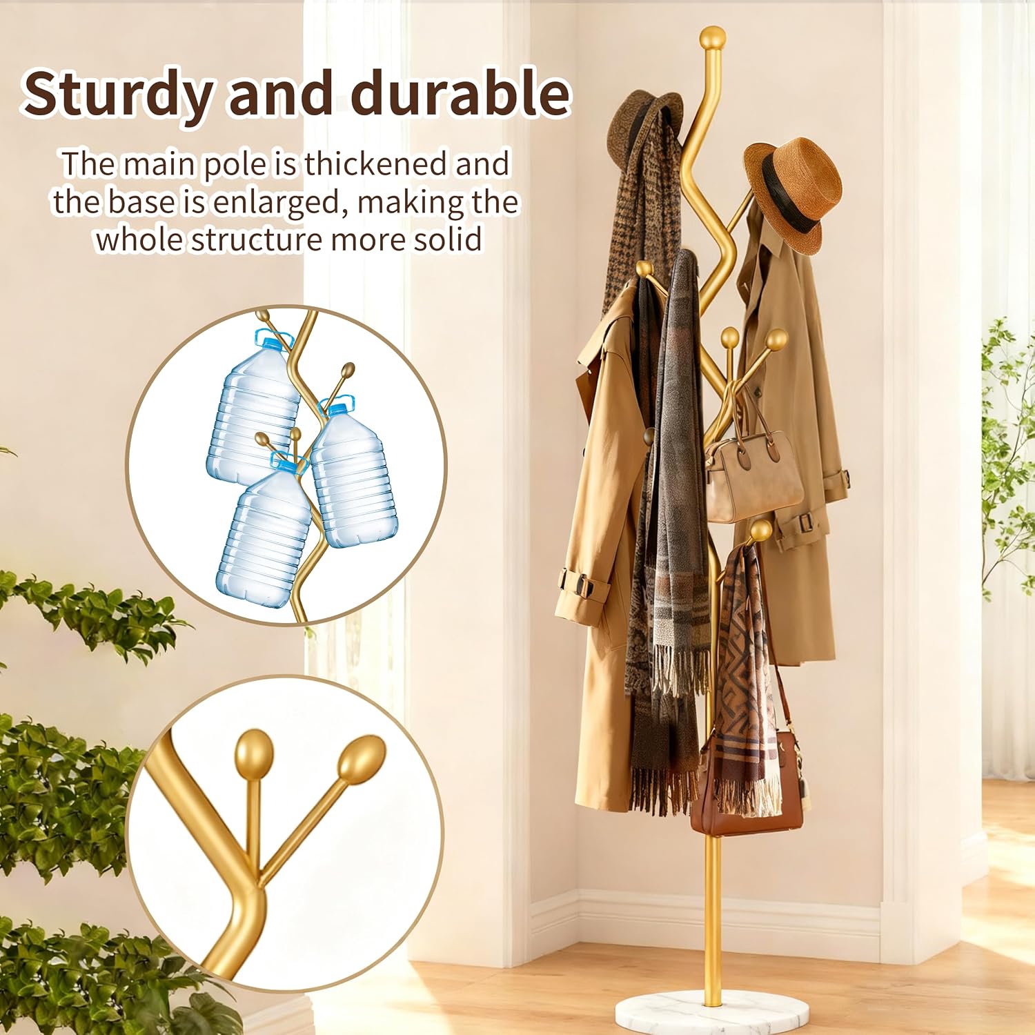 68.9 Inch Tall Modern Coat Rack,Gold Freestanding Coat Rack Tree,Heavy-Duty Metal Coat Rack Freestanding with Sturdy Marble Base for Entryway,Hallway,Bedroom,Holds Coats Hats Bags Scarves