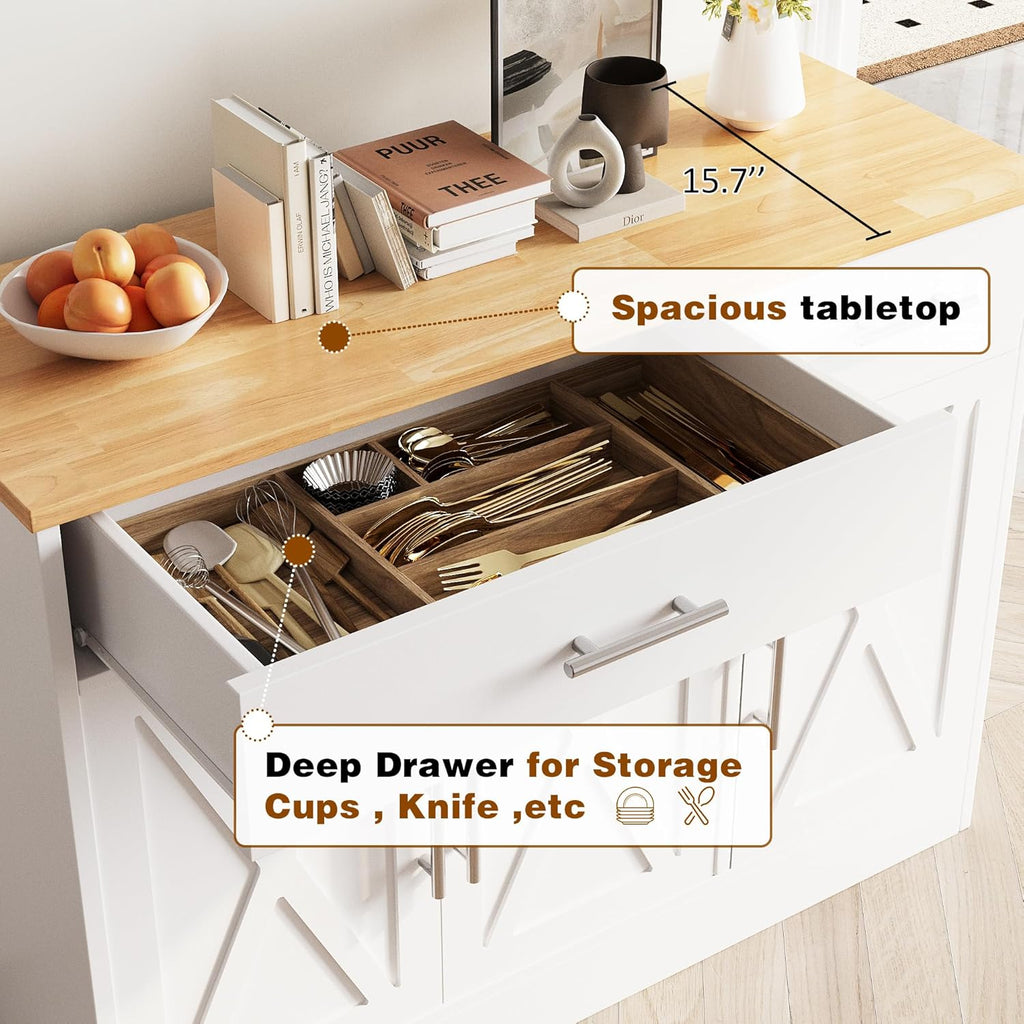 Vongrasig Buffet Cabinet with Storage, 43” Farmhouse Coffee Bar Cabinet with 3 Doors, Wood Buffet Table for Kitchen Dining Room Living Room, Off White
