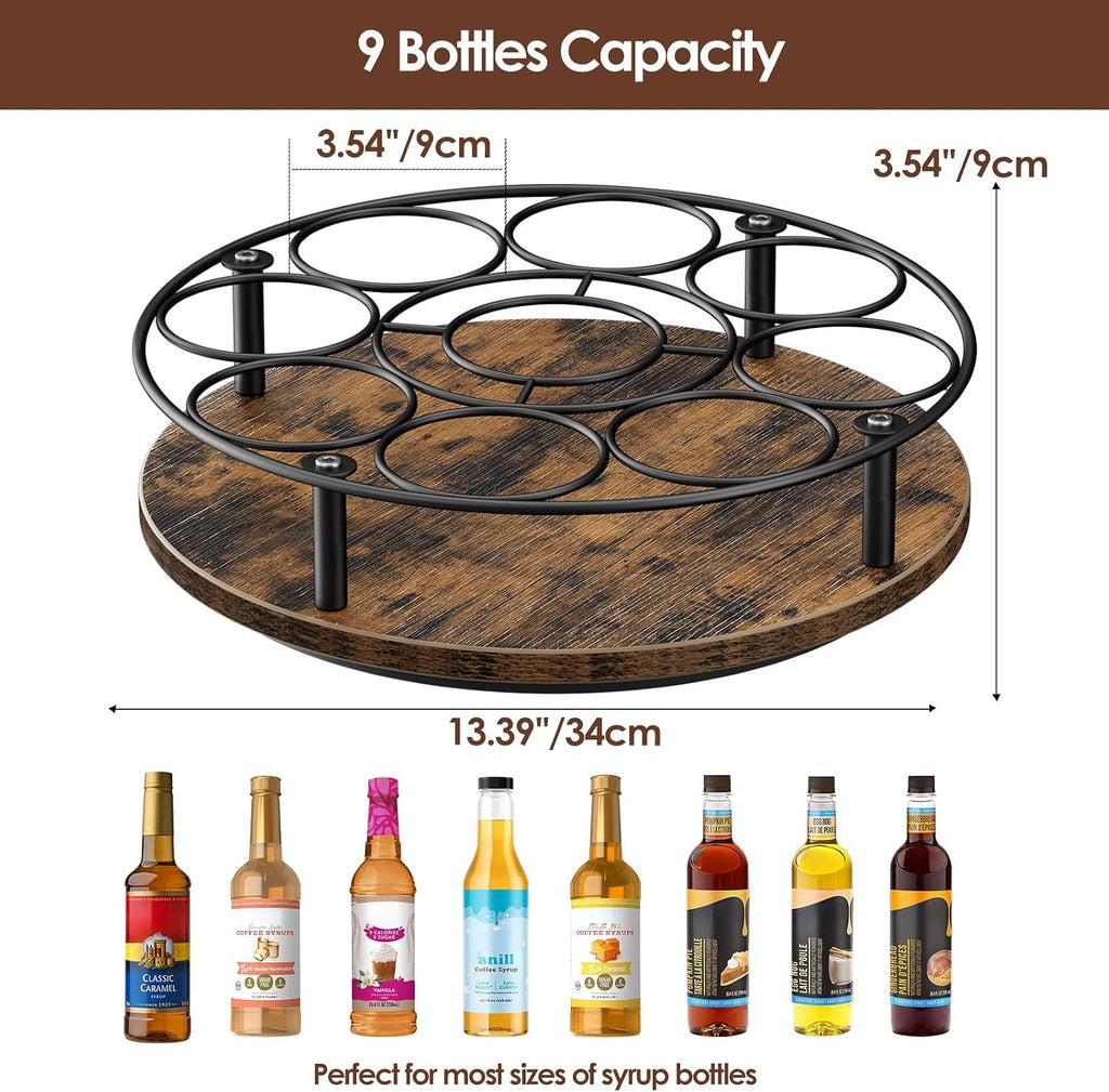 Nuovoware 9 Bottles Rotating Coffee Syrup Rack, Brown+Black | Carbon Steel Frame, Wooden Base Bottle Holder, for Coffee Flavored Syrups Table Top Thermos Liquor