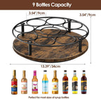 Nuovoware 9 Bottles Rotating Coffee Syrup Rack, Brown+Black | Carbon Steel Frame, Wooden Base Bottle Holder, for Coffee Flavored Syrups Table Top Thermos Liquor