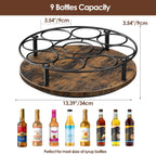 Nuovoware 9 Bottles Rotating Coffee Syrup Rack, Brown+Black | Carbon Steel Frame, Wooden Base Bottle Holder, for Coffee Flavored Syrups Table Top Thermos Liquor
