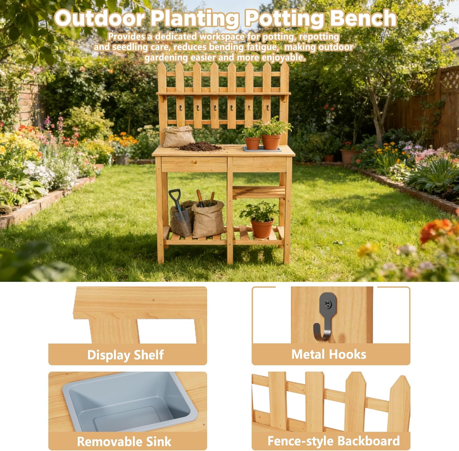Outdoor Potting Bench, Wooden Potting Table with Built-in Sink, Drawer, Hooks & Storage Shelves – Large Gardening Bench for Outside Garden Workstation, Backyard Patio Balcony, Brown