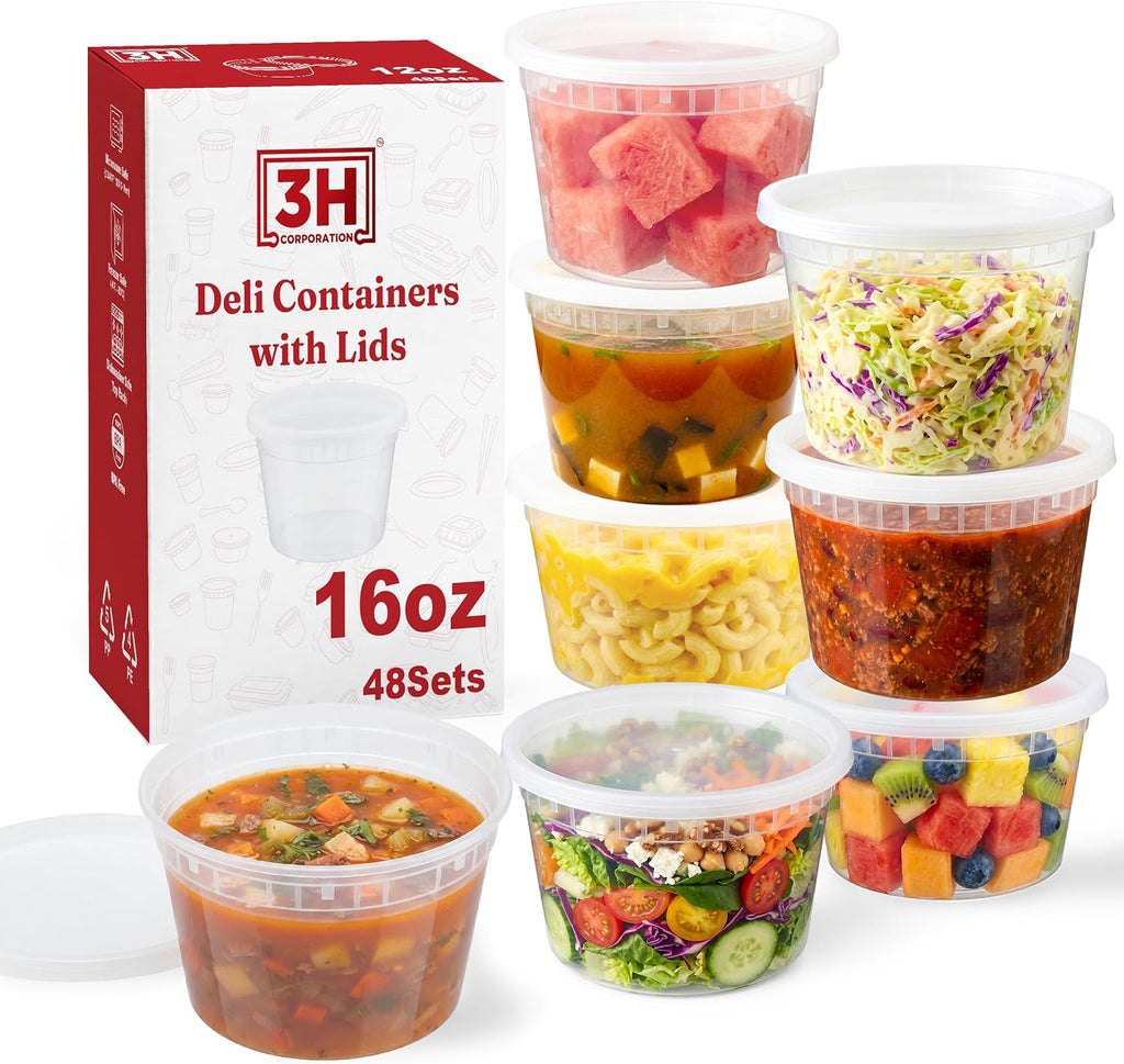 16oz Deli Containers with Lids (48 Sets) Plastic Pint Containers With Lids, BPA Free Microwave Safe Leakproof Stackable Freezer Containers With Lids for Overnight Oat, Food Storage