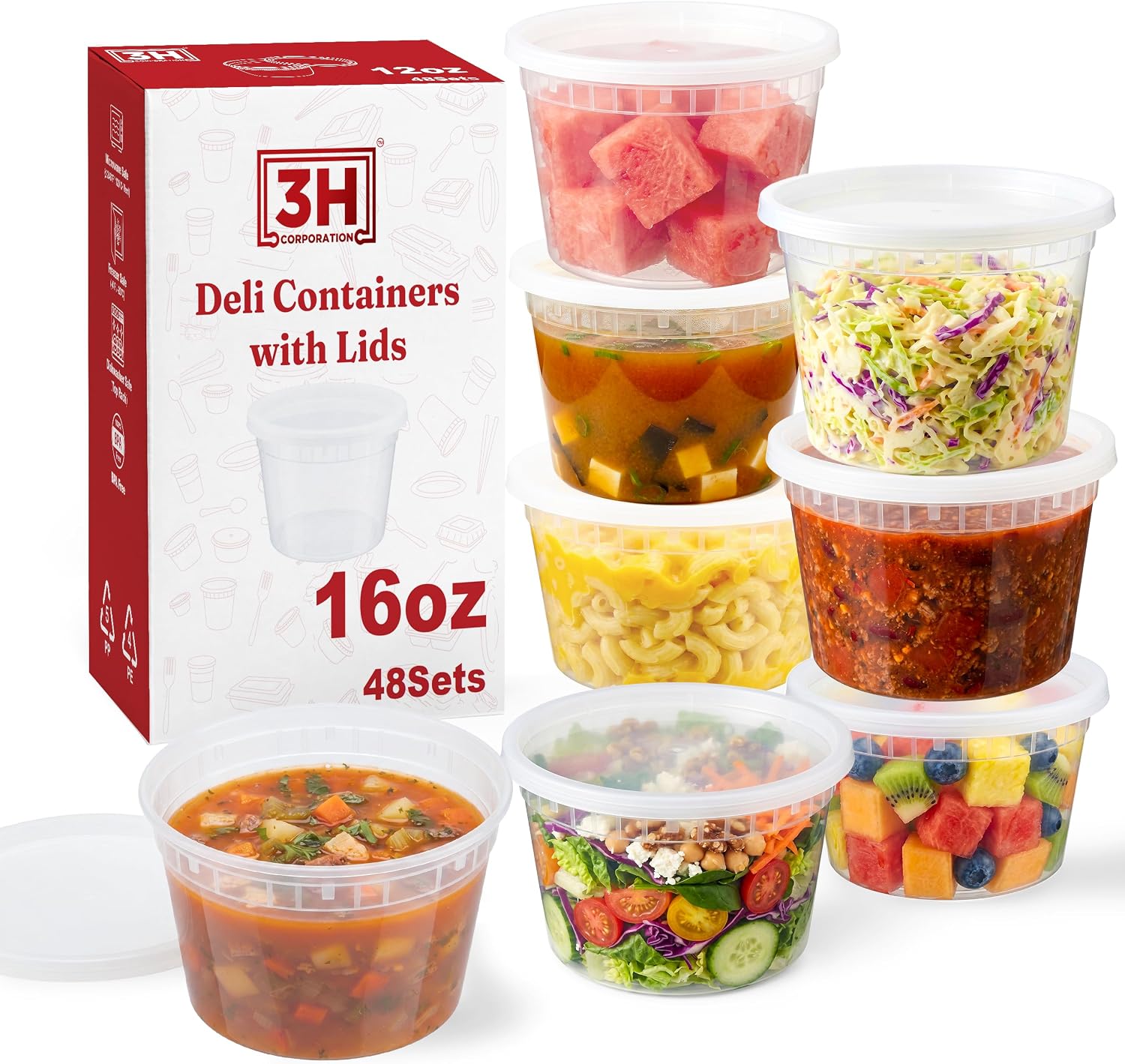 16oz Deli Containers with Lids (48 Sets) Plastic Pint Containers With Lids, BPA Free Microwave Safe Leakproof Stackable Freezer Containers With Lids for Overnight Oat, Food Storage