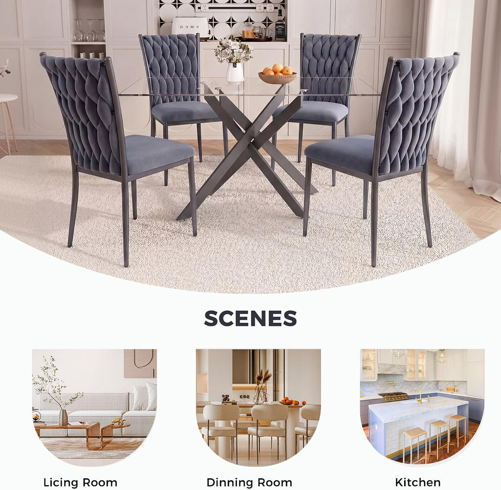 51'' Glass Dining Table Set for 4, Modern Rectangular Dining Room Table with Black Metal Legs & 4 Upholstered Velvet Dining Chairs, Space-Saving Kitchen Table Set for Small Spaces(Dark Grey)