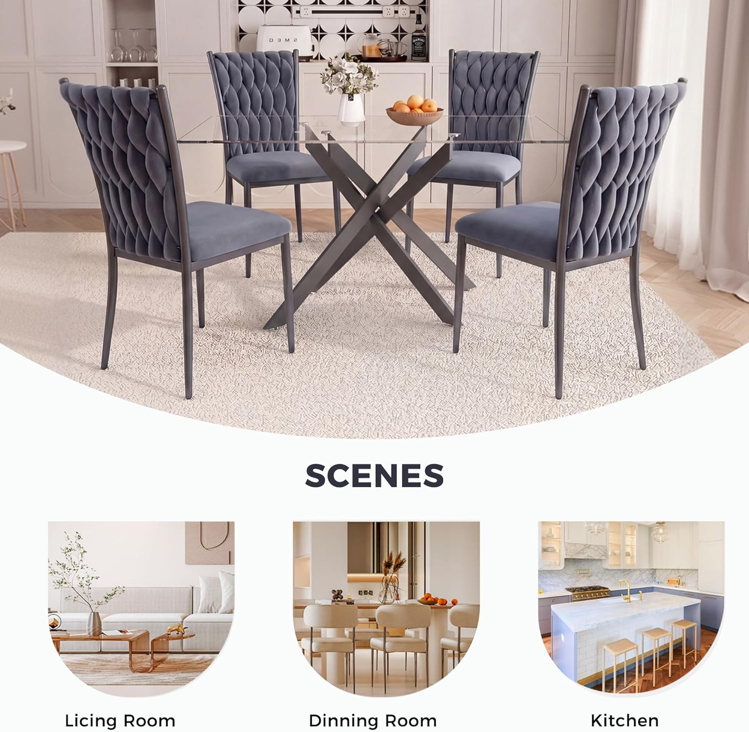 51'' Glass Dining Table Set for 4, Modern Rectangular Dining Room Table with Black Metal Legs & 4 Upholstered Velvet Dining Chairs, Space-Saving Kitchen Table Set for Small Spaces(Dark Grey)