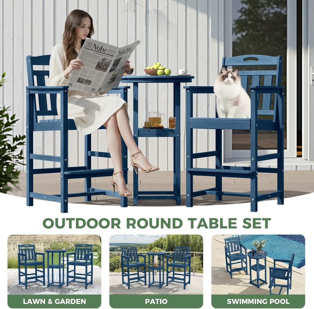 Outdoor Patio Bar Height Chair, All-Weather HDPE Tall Balcony Adirondack Stools for Bistro, Garden, Backyard, Deck | Navy Blue