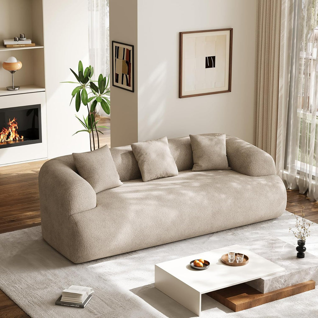 91" Boneless Couch,Cloud Couch,Chenille Curved Sofa with 3 Seater and 3 Pillows, Modern Compression Sofa for Living Room, Bedroom and Apartment, No Assembly Required, Light Brown