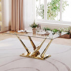 Rectangle Glass Dining Table for 4-6, 62" with Tempered Glass Table Top and Crossed Stainless Steel Base, Modern Kitchen Table for Home, Kitchen, Dining Room, Gold