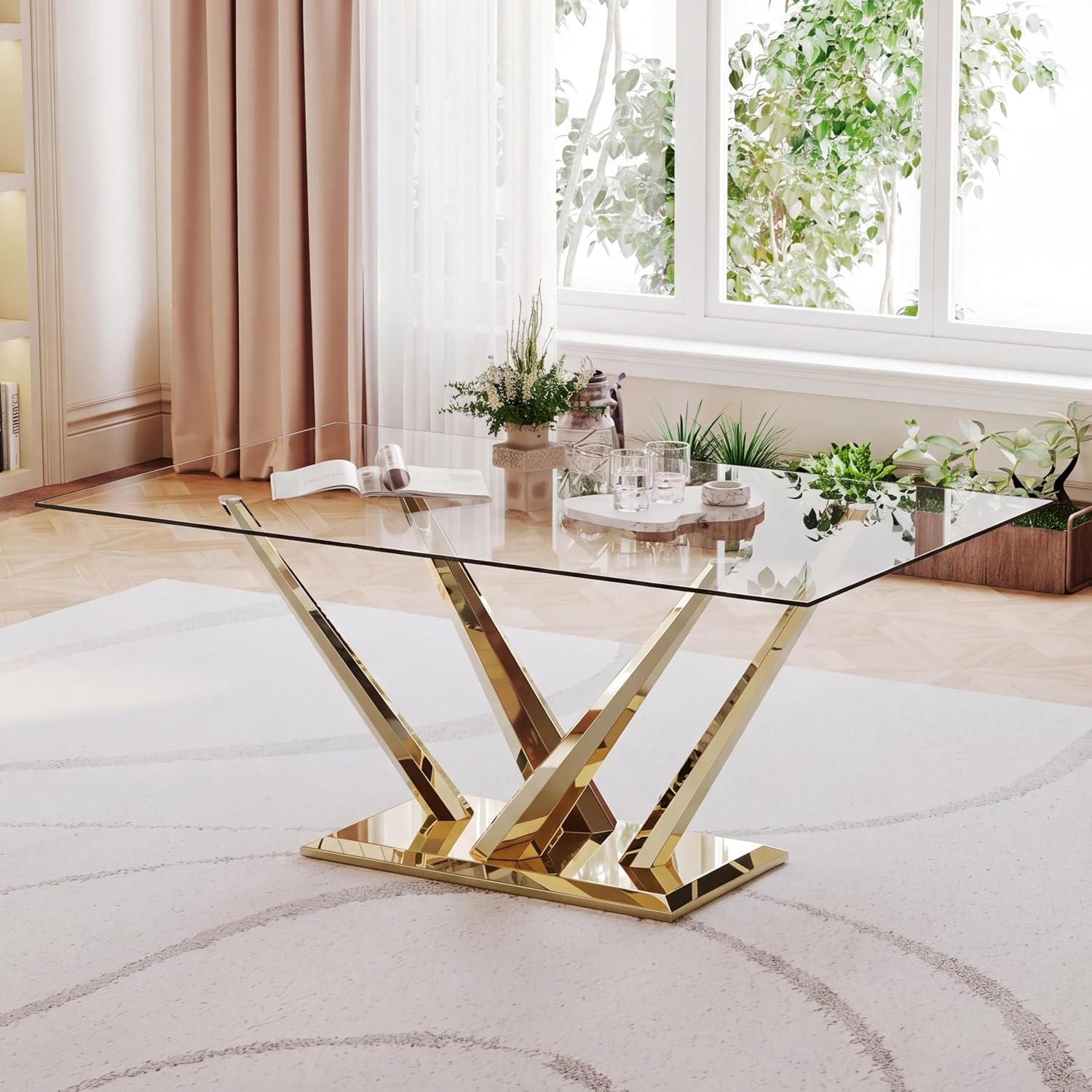 Rectangle Glass Dining Table for 4-6, 62" with Tempered Glass Table Top and Crossed Stainless Steel Base, Modern Kitchen Table for Home, Kitchen, Dining Room, Gold