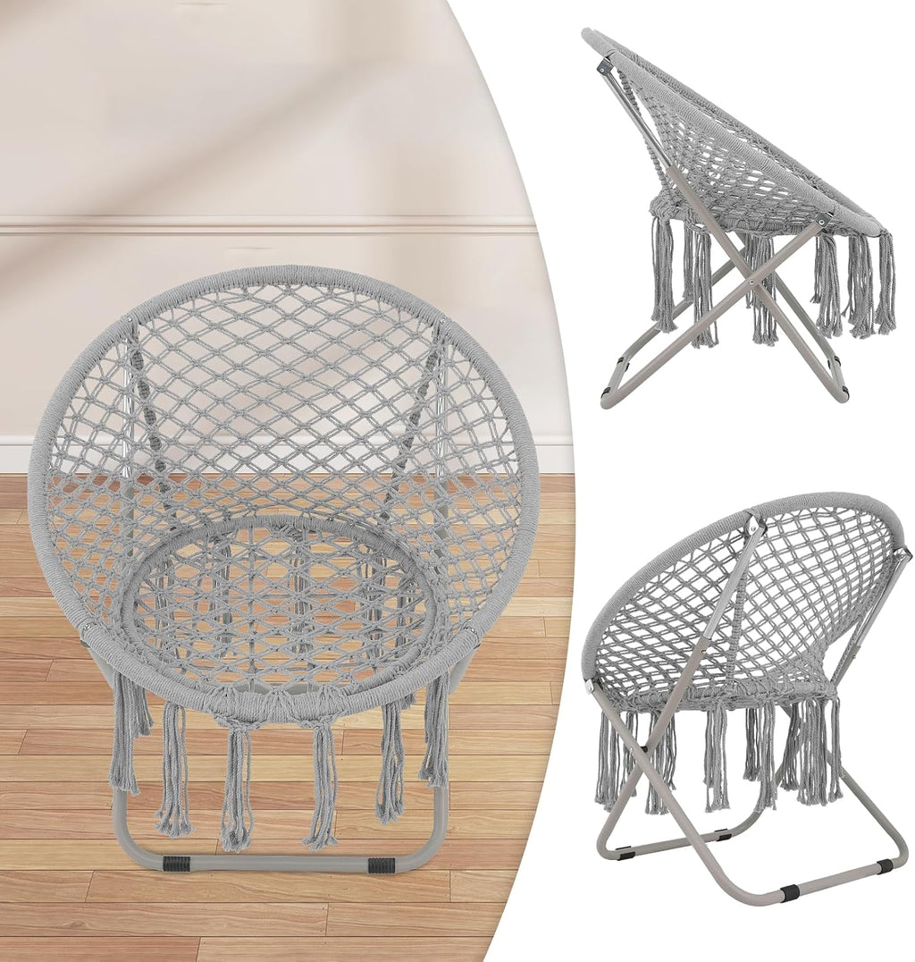 Magshion Boho Saucer Chair for Adults, Folding Chair with Tassels Cotton Rope Mesh, Cozy Moon Chair for Indoor Outdoor Home, Garden, Patio, Yard Decor and Relaxation (Grey, Set of 2)