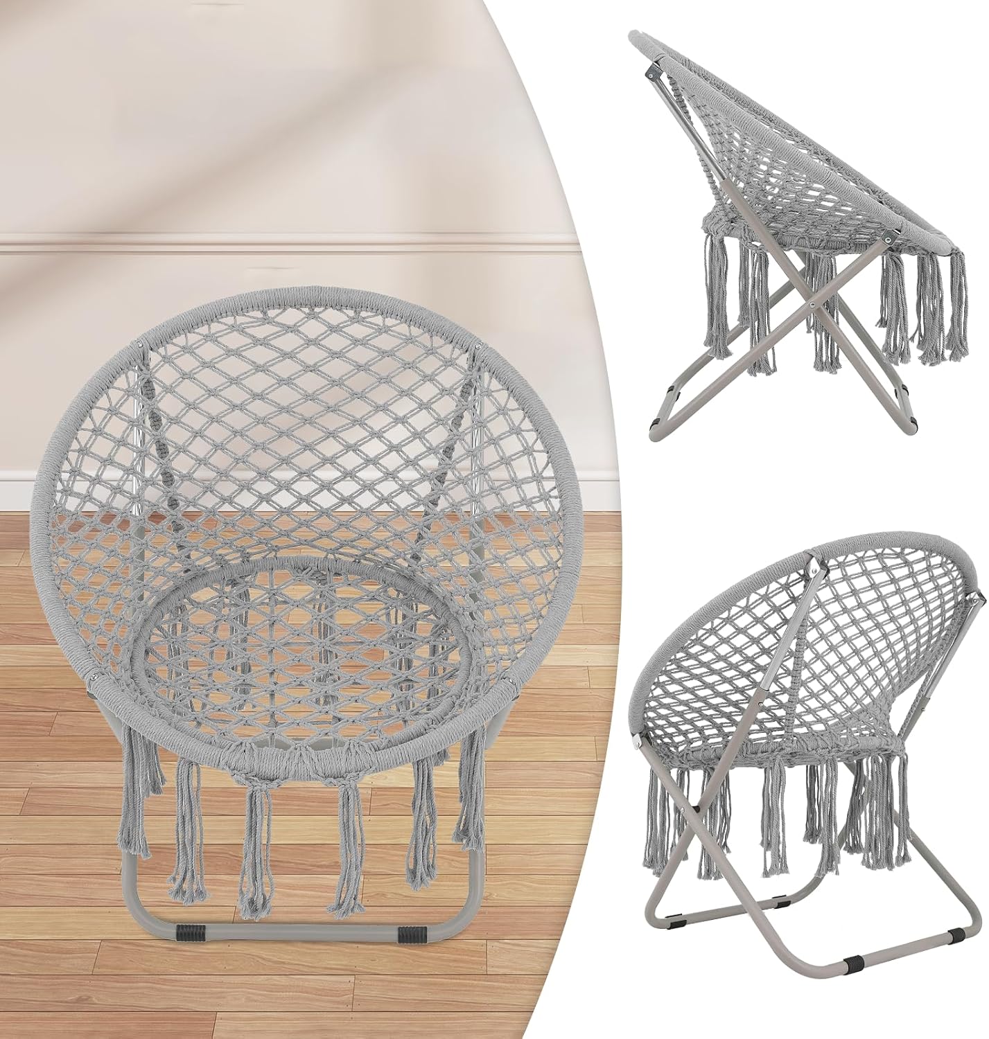 Magshion Boho Saucer Chair for Adults, Folding Chair with Tassels Cotton Rope Mesh, Cozy Moon Chair for Indoor Outdoor Home, Garden, Patio, Yard Decor and Relaxation (Grey, Set of 2)