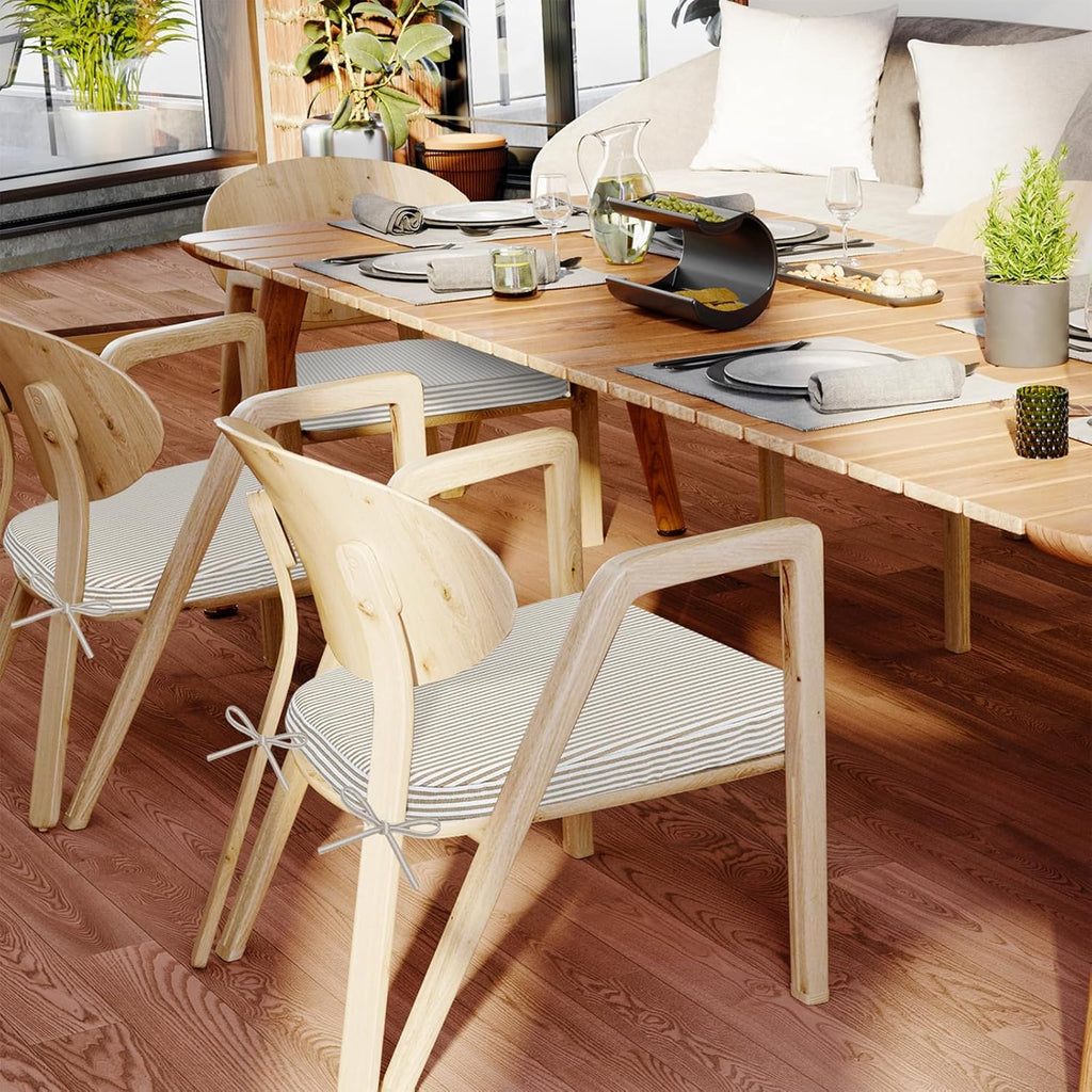 AAAAAcessories D-Shaped Chair Cushions, 2" Thick Dining Chair Pads with Ties and Removable, Machine-Washable Cover, 17" x 16", Set of 4, Natural Sand Pinstripe