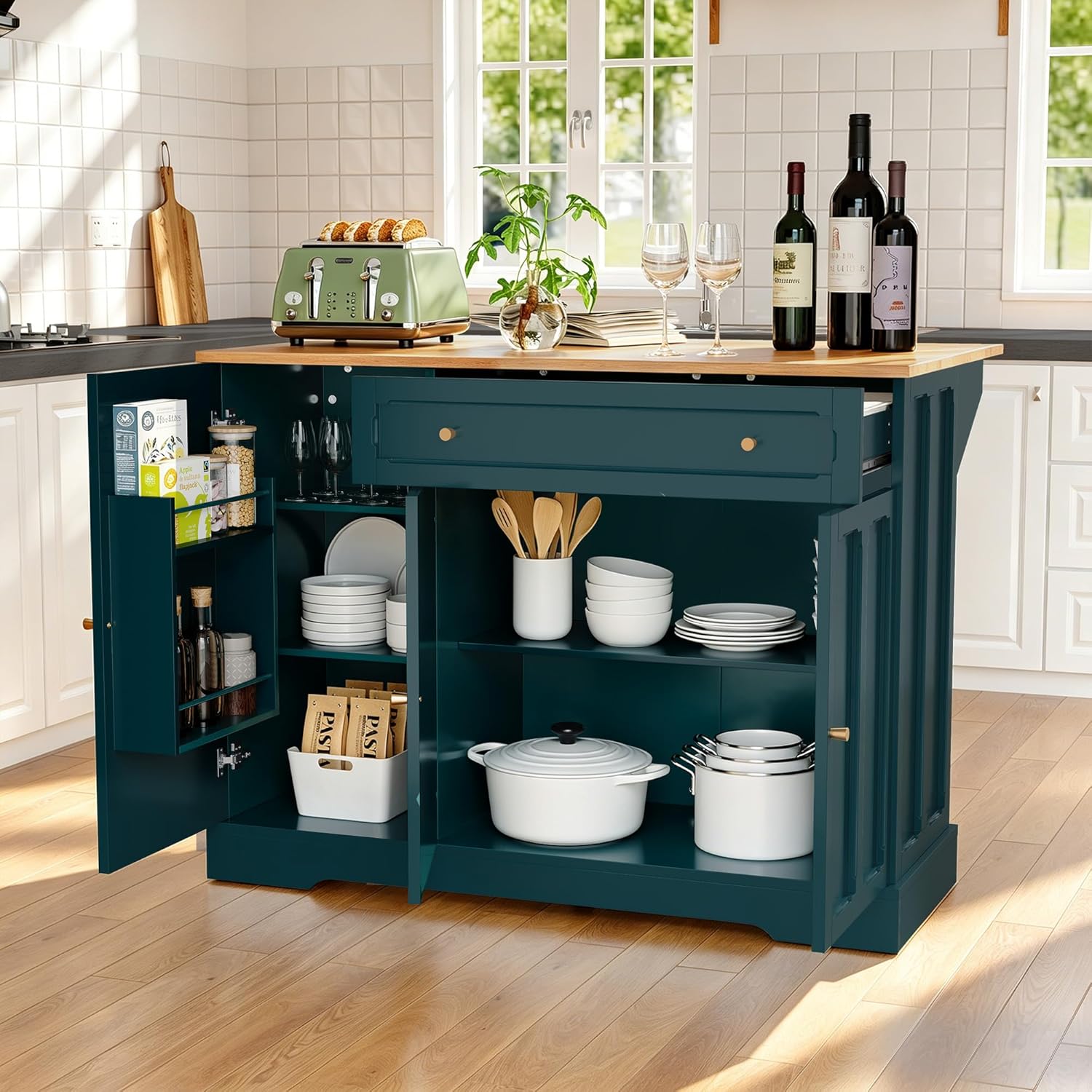 HLR Kitchen Island Cart with Storage, Carved Doors Modern Rolling Islands with Drop Leaf, Sideboard Buffet Cabinet on Wheels, Prep Table for Kitchen, Dining Room (Green)