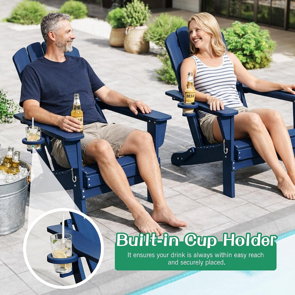 Domi Folding Adirondack Chair Set of 2, HDPE All-Weather Adirondack Chairs with Cup Holder, Outdoor Plastic Fire Pit Chairs Wood Texture for Poolside, Patio, Backyard, Deck (Blue)