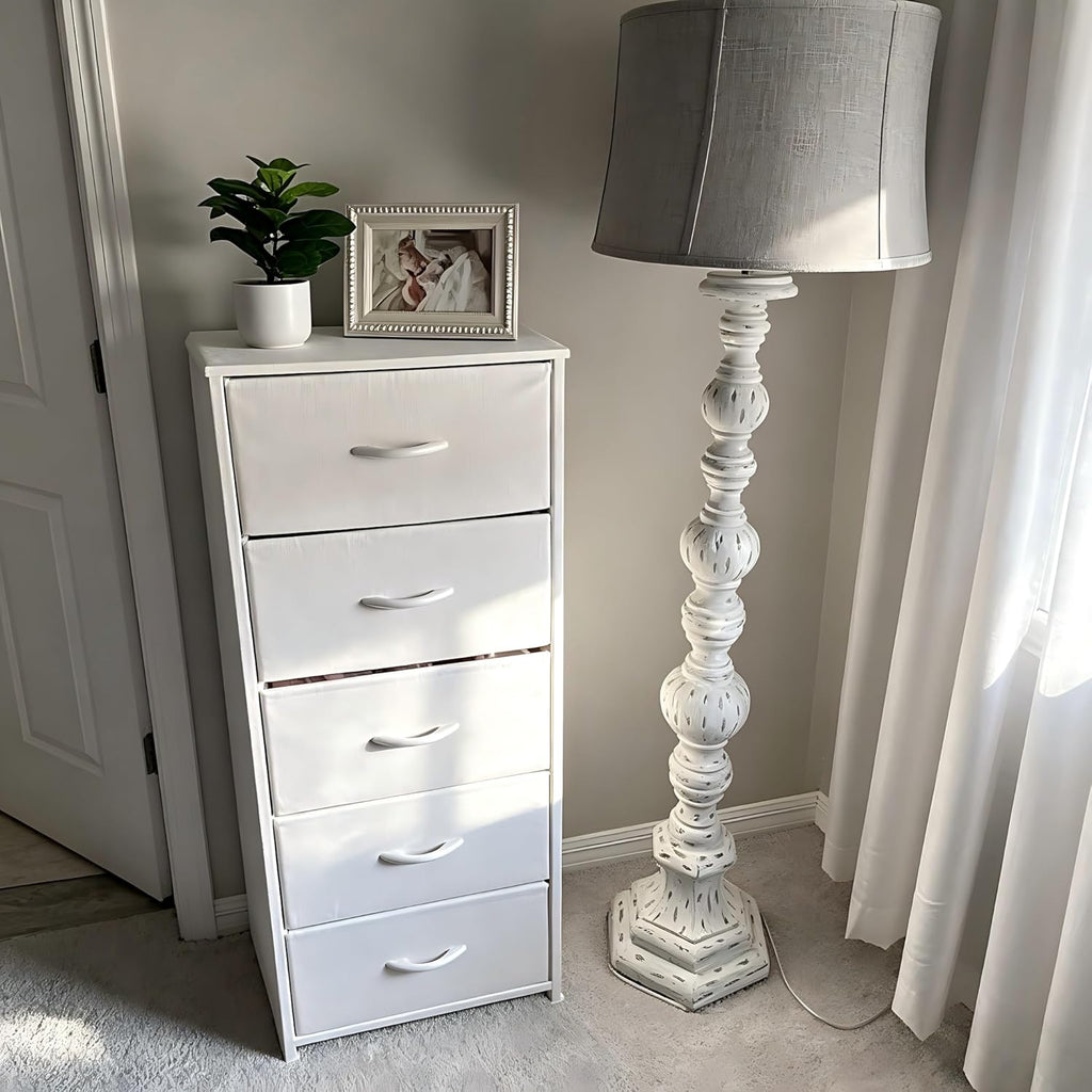 Crestlive Products Tall Dresser Vertical Storage Tower - Sturdy Steel Frame, Wood Top, Easy Pull Fabric Bins - Organizer Unit for Bedroom, Hallway, Entryway, Closets - 5 Drawers(White)