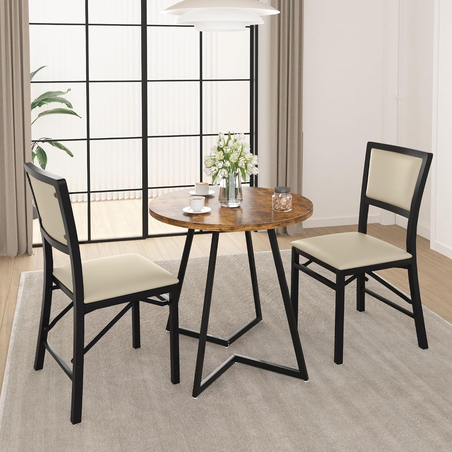 VECELO Folding Dining Chairs Set of 4, Metal Padded Foldable Seating with Comfortable Faux Leather, Space-Saving Portable Guest Seats for Kitchen & Office, No Assembly, Creamy Beige