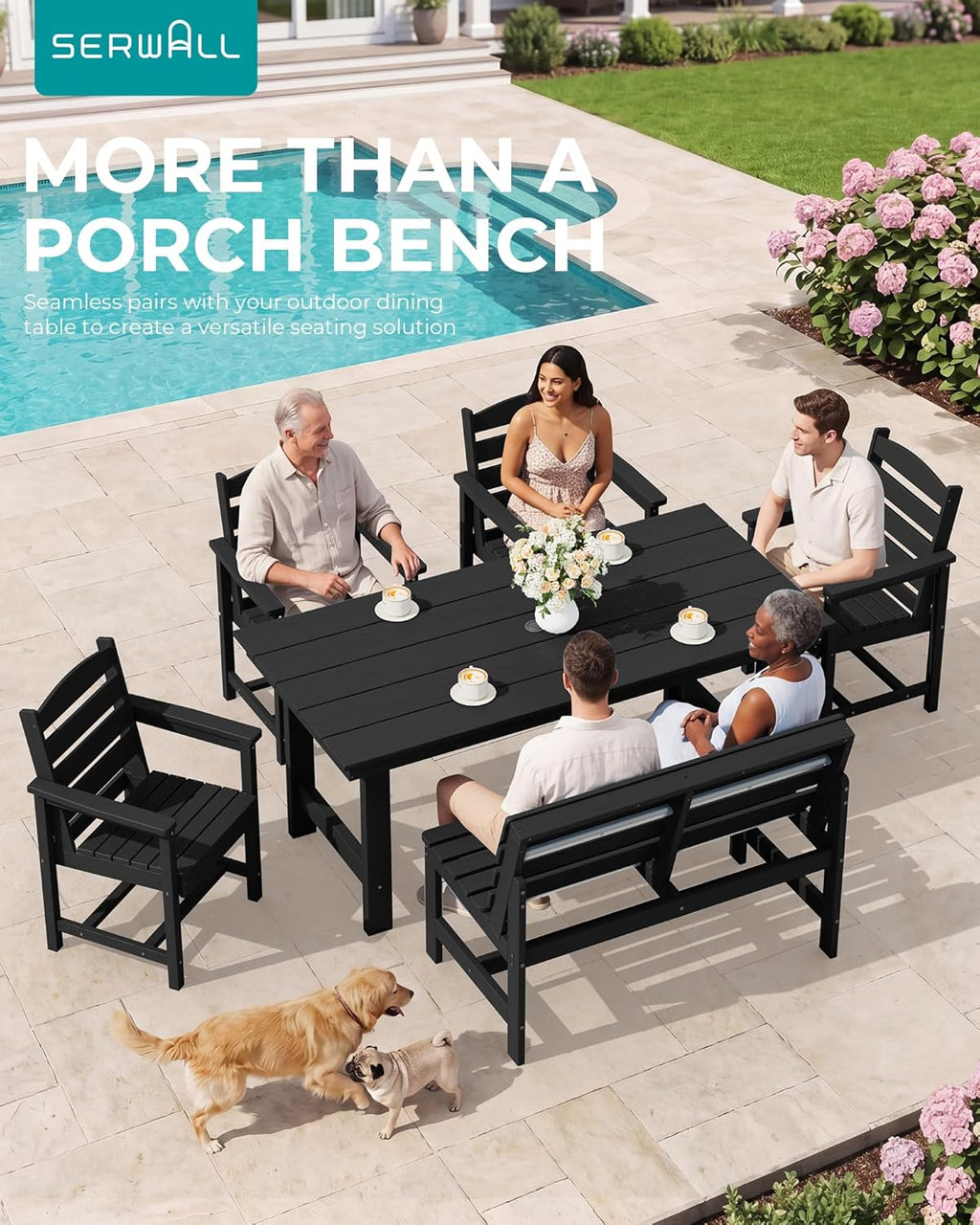 SERWALL Outdoor Bench, All Weather HDPE Outdoor Benches, 2-Person Armless Porch Bench with 600 lbs Weight Capacity, Patio Benches for Outdoors, Porch, Park and Dining, Black