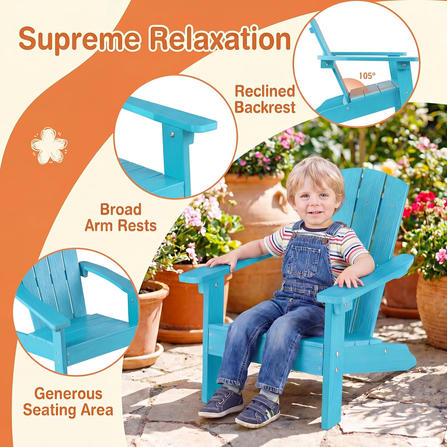 Costzon Kids Adirondack Chair, All-Weather HIPS Patio Chair with High Backrest, Armrests, Fire Pit Chair for Kids Ages 3-8, Indoor Outdoor Kids Patio Lounge Chair for Garden, Lawn, Yard (2, Turquoise)