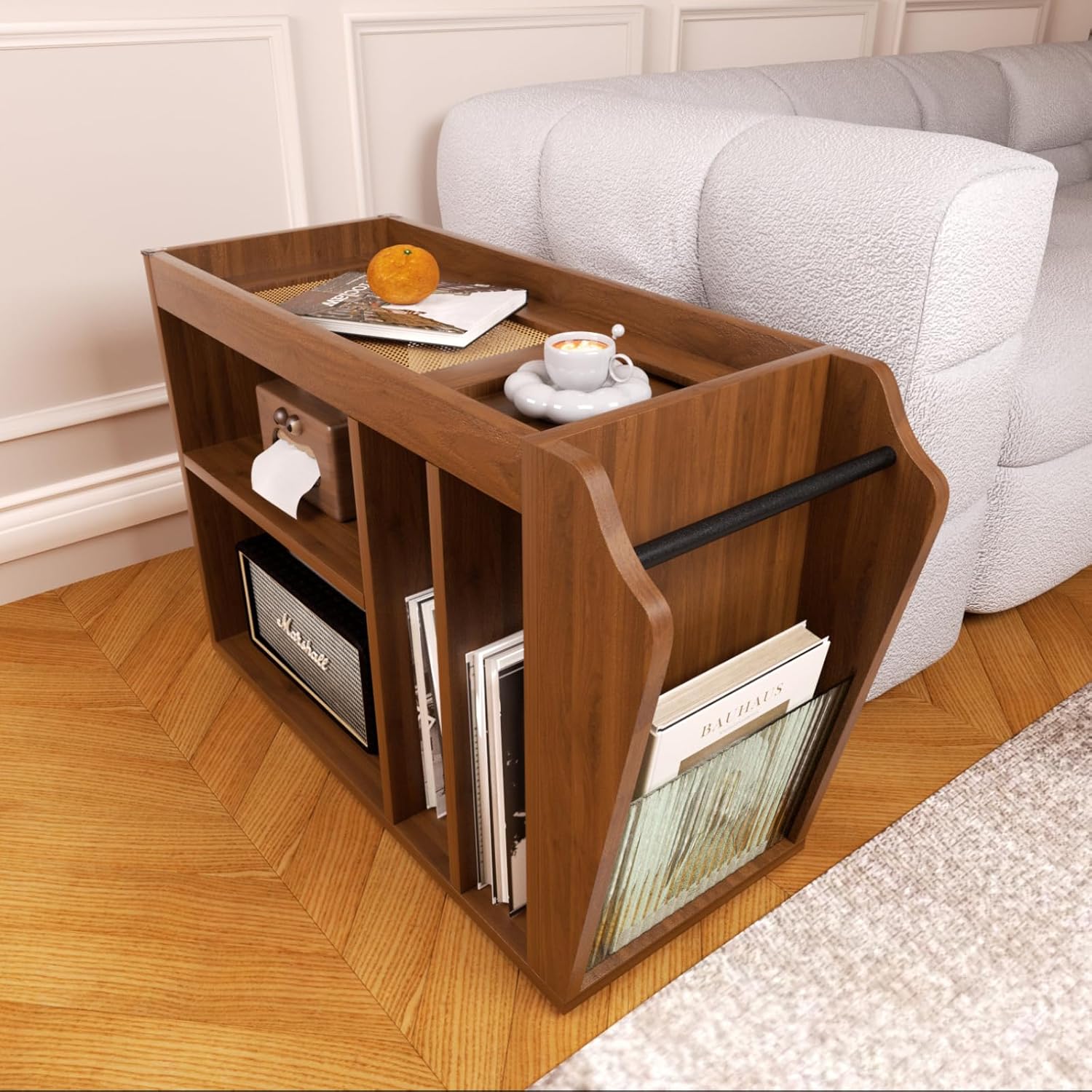 Narrow Side Table Slim End Table with Brakeable Wheels, 6 Storage Compartments & Removable Tray, Multifunctional Nightstand Bedside Table for Living Room Sofa Bedroom (Brown)