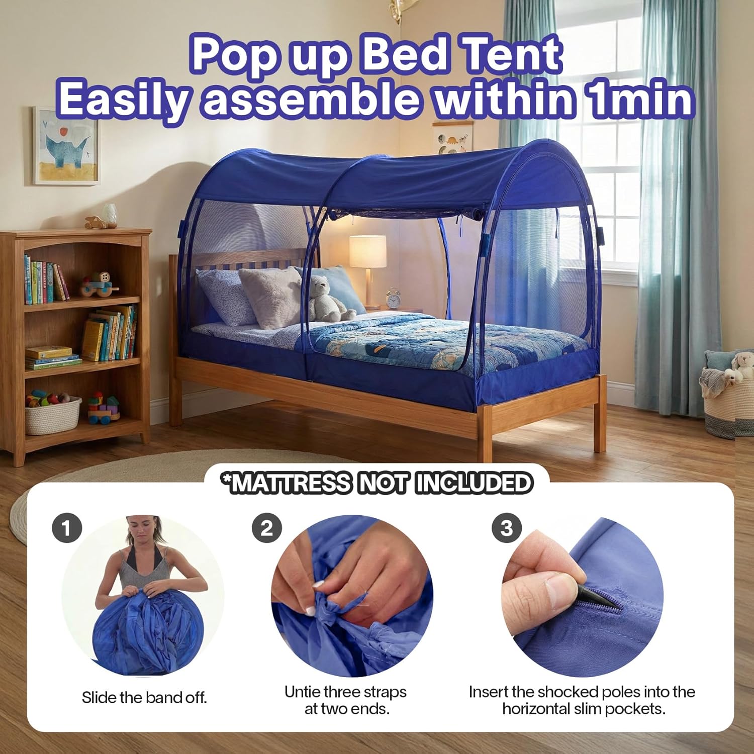 Alvantor® Mosquito Net Bed Canopy Tents Dream Privacy Space Twin Size Sleeping Tents Indoor Pop Up Portable Frame Breathable Cottage Blue (Mattress Not Included)