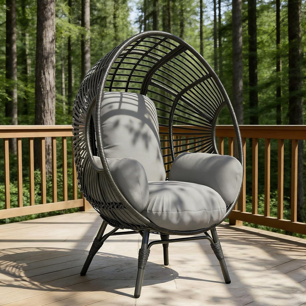 Balcony Chairs Egg Wicker, Indoor Outdoor Use, 400lbs Capacity, Weather-Resistant PE Rattan with Cushion(Black+Gray)
