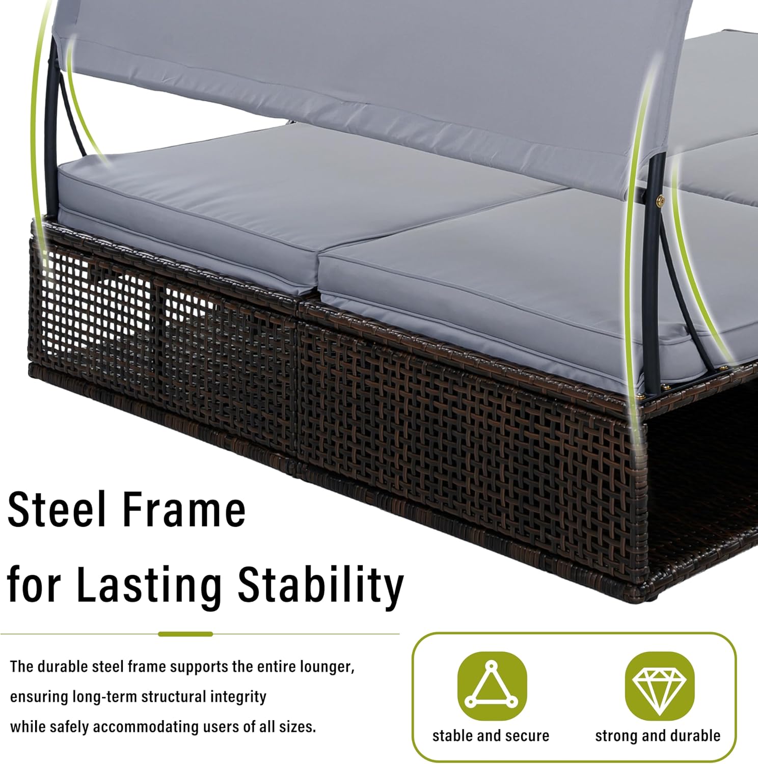 Outdoor Sun Lounger with Adjustable Backrest,Canopy, Patio Double Sunbed with Hidden Side Table and Arched Armrests,Suitable for Pool Deck,Garden,Backyard (Gray+Canopy)