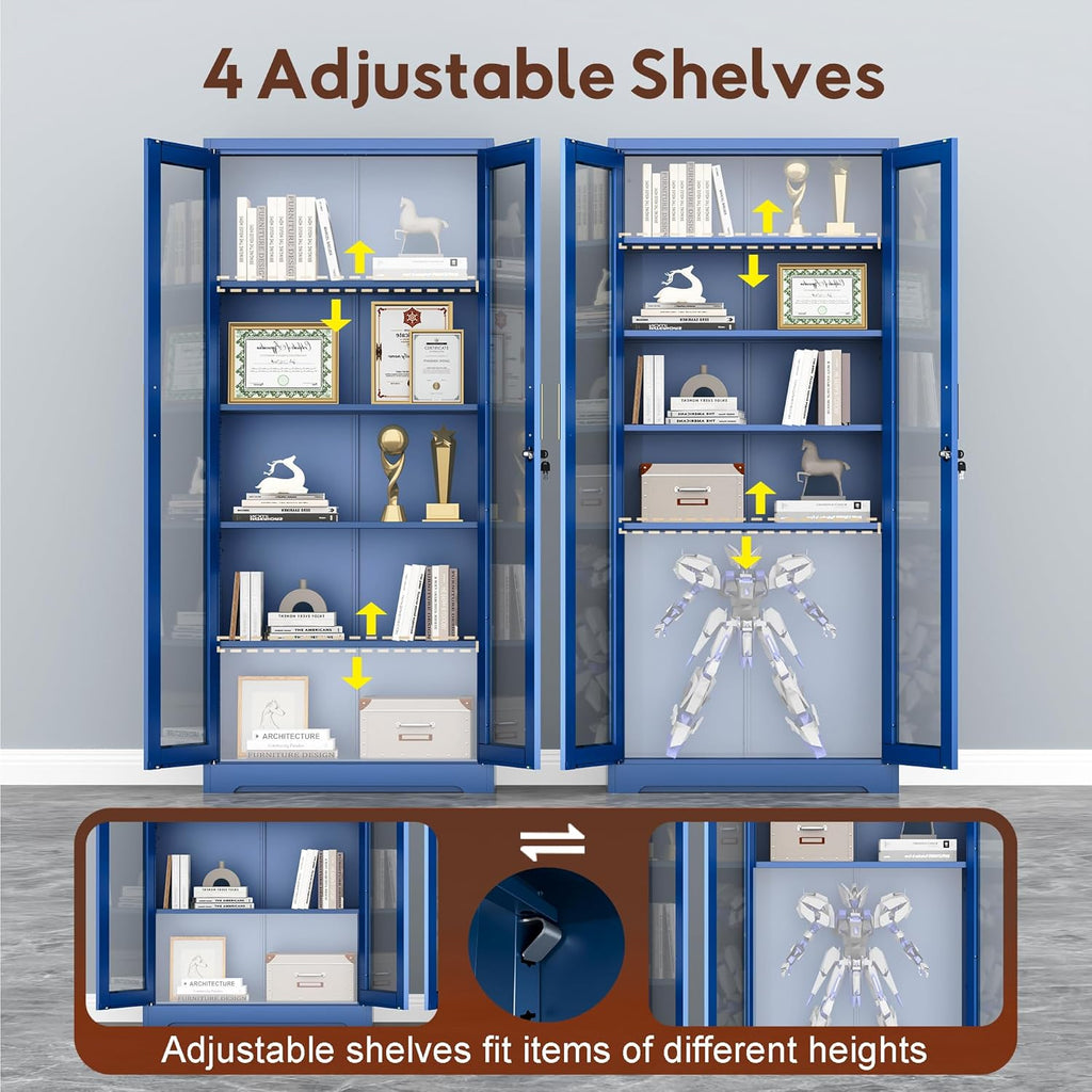 UNICOLY Lockable Display Cabinet with Glass Doors, Curio Cabinets with 4 Adjustable Shelves, Liquor Bookcase Bookshelf with Doors, Metal Storage Cabinet for Living Room Pantry, Blue