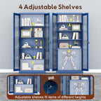 UNICOLY Lockable Display Cabinet with Glass Doors, Curio Cabinets with 4 Adjustable Shelves, Liquor Bookcase Bookshelf with Doors, Metal Storage Cabinet for Living Room Pantry, Blue