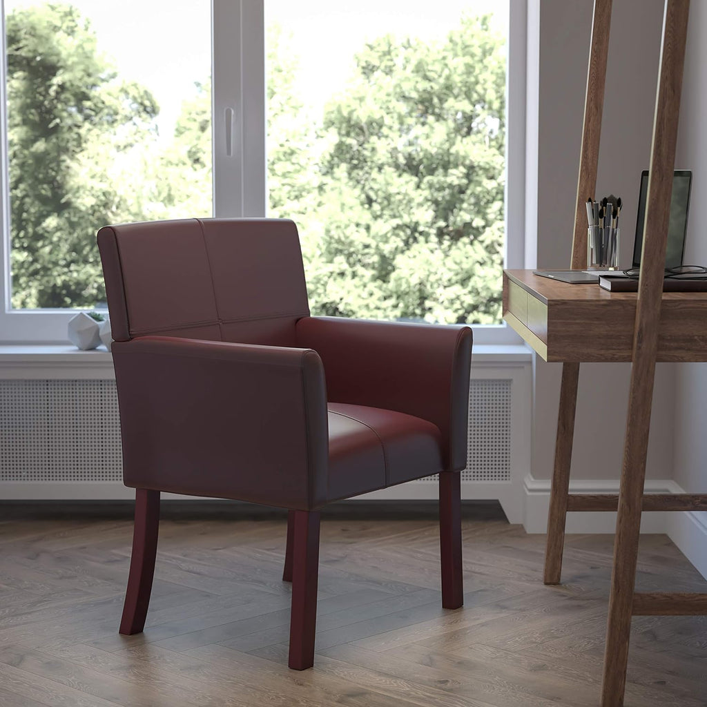 EMMA + OLIVER Burgundy LeatherSoft Executive Side Reception Chair with Mahogany Legs