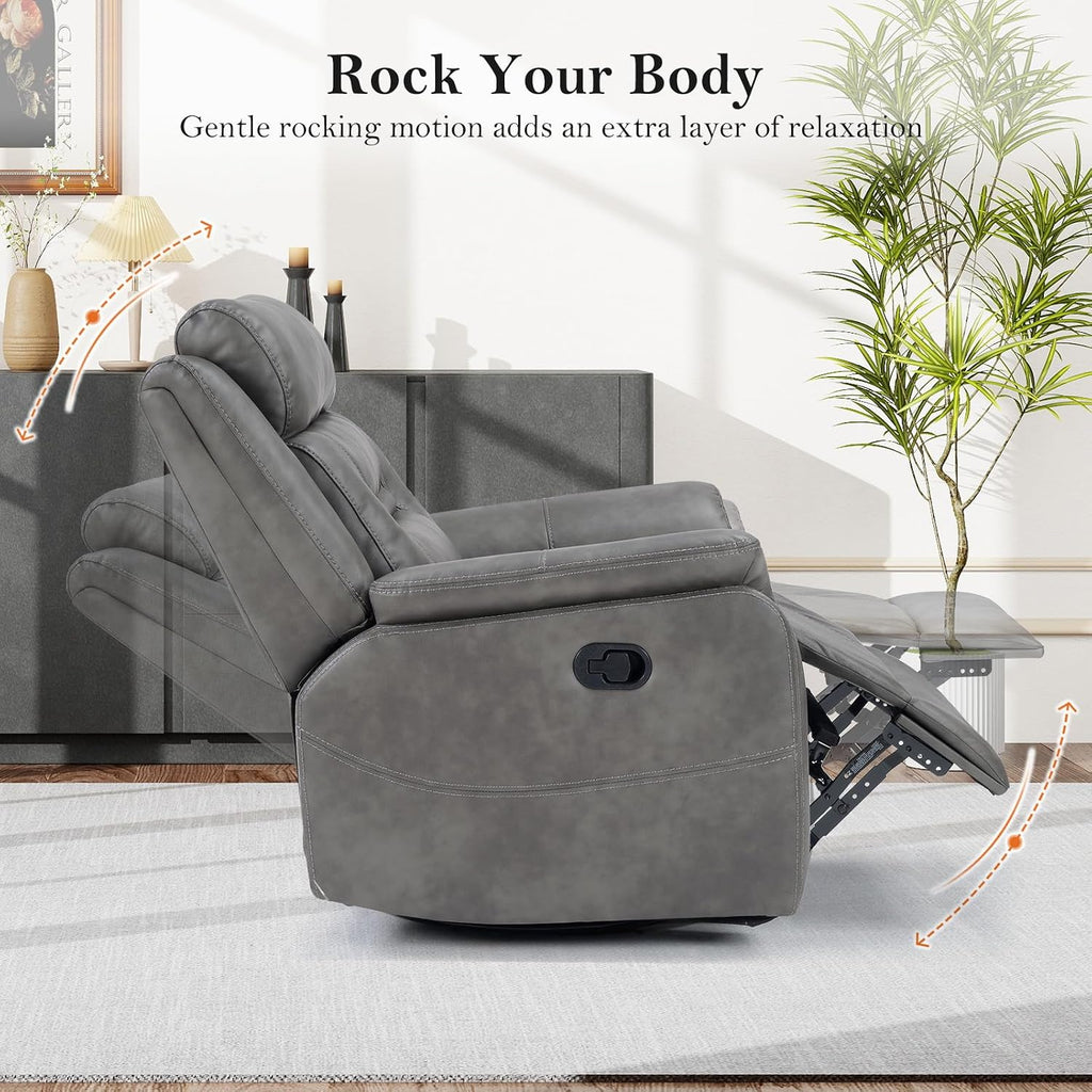 Bonzy Home 360° Swivel Rocker Recliner Chair for Adults, Manual Faux Leather Reclining Chair with Ergonomic Backrest, Glider Rocking Nursery Single Sofa for Living Room, Bedroom, Grey