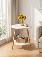 Round Side Table 2-Tier Wood Coffee Table Night Stand with Stable Triangle Legs for Living Room, Bedroom, Couch, Bedside