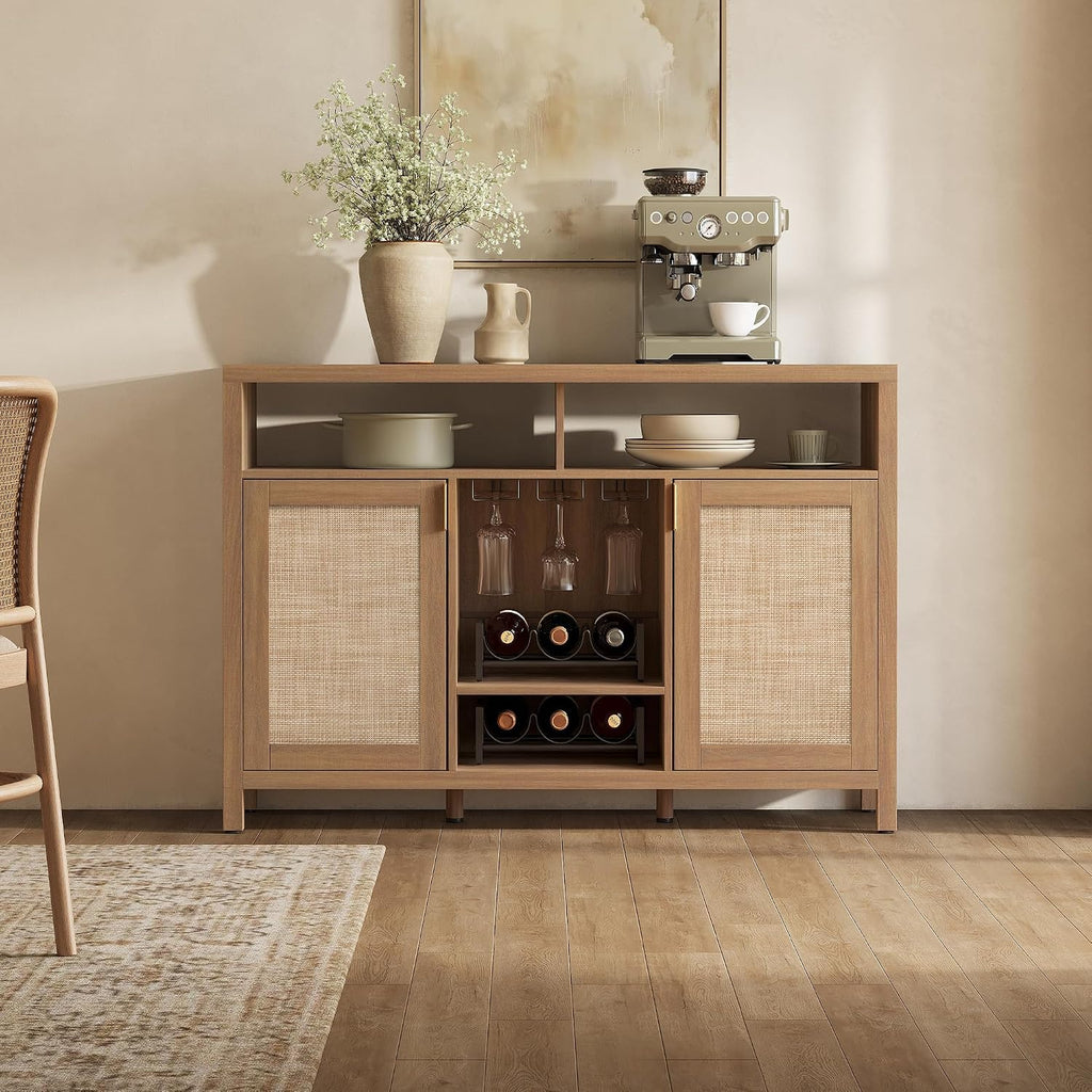 SICOTAS 51" Coffee Bar Cabinet Bar Cart with Storage, Wine Bar Cabinets Boho Home Bar Table, Rattan Sideboard Buffet with 2 Doors, Coffee Station with Wine Racks for Living Dining Room Entryway