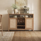 SICOTAS 51" Coffee Bar Cabinet Bar Cart with Storage, Wine Bar Cabinets Boho Home Bar Table, Rattan Sideboard Buffet with 2 Doors, Coffee Station with Wine Racks for Living Dining Room Entryway