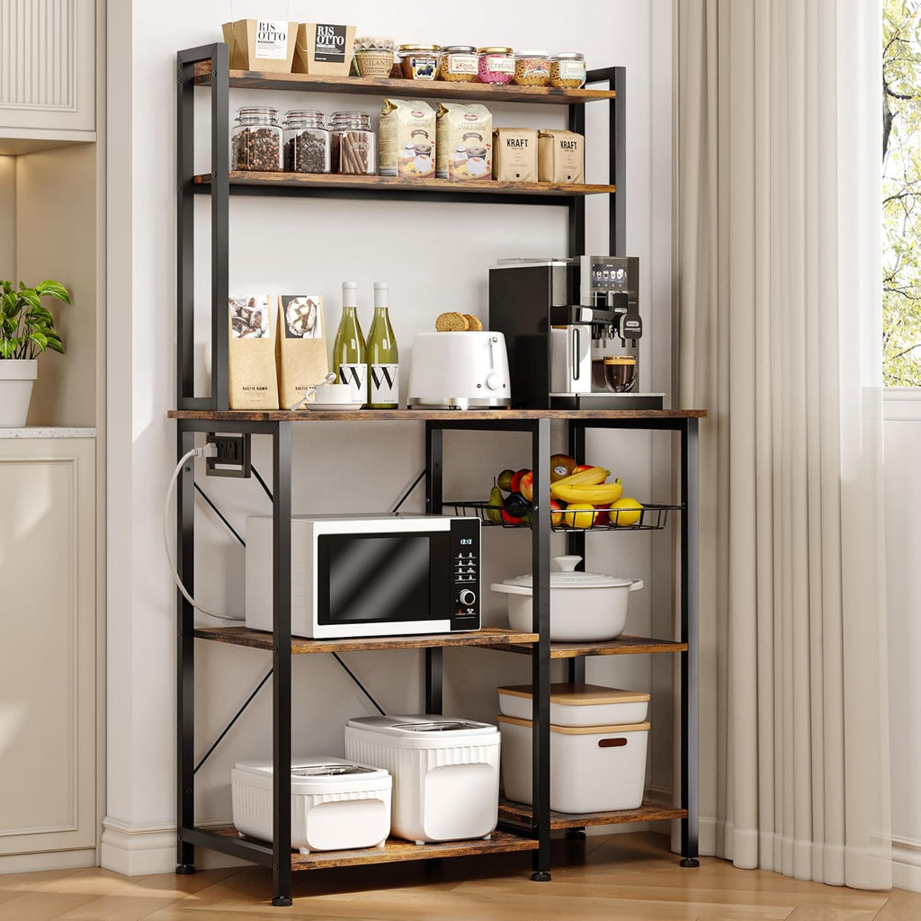 Einhomn Bakers Rack with Power Outlet, 35.4'' Coffee Bar with Wire Basket, Microwave Stand with Storage and Adjustable Feet, Versatile Kitchen Shelves for Pantry, Home Organization, Rustic Brown