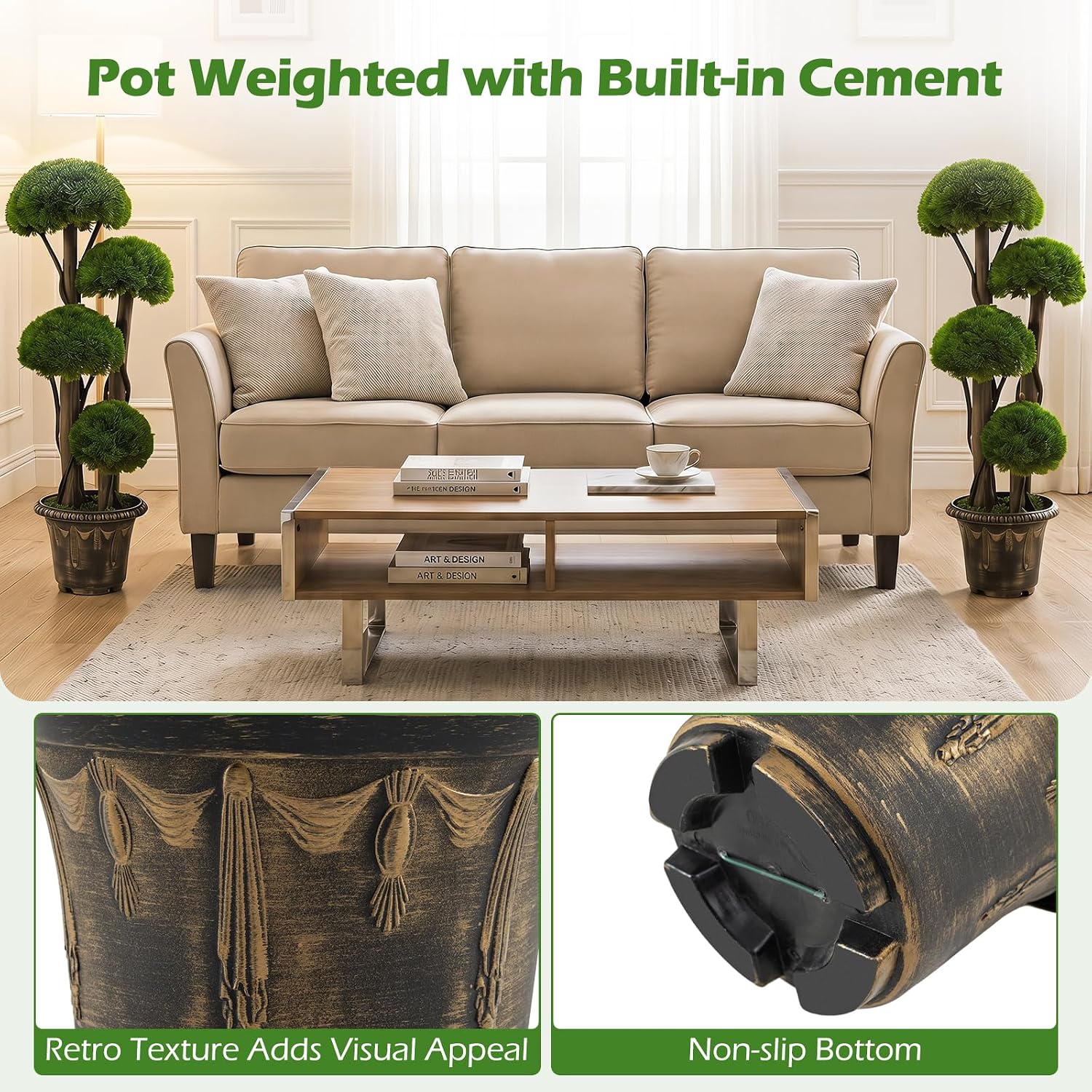 Goplus 3 FT Artificial Cypress Topiary Ball Tree, Faux Greenery Plant with Cement-Filled Planter, Vines, Real Wood Trunks, Indoor Outdoor Fake Shrub Plant for Office Home Front Porch Decor (2 Pack)